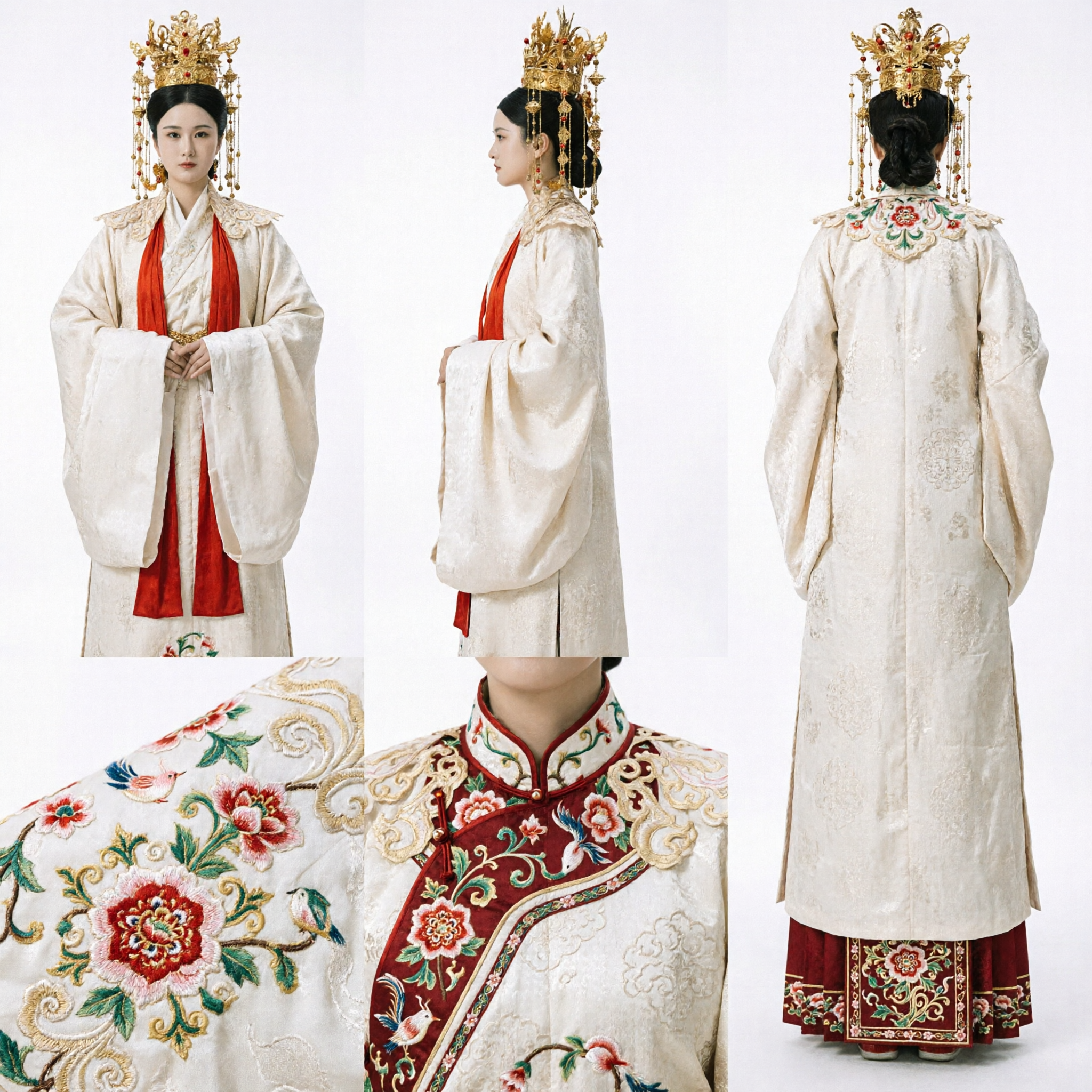 Ancient Chinese Royal Wedding Hanfu Dress with Elaborate Gold Phoenix Crown Traditional Costume for Women