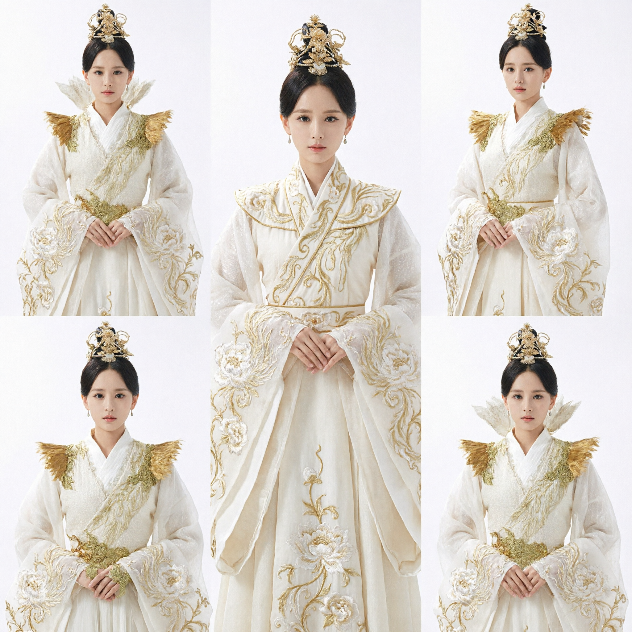 Elegant Ancient Chinese Fairy Hanfu Costume White and Gold Embroidered Dress with Headdress for Women