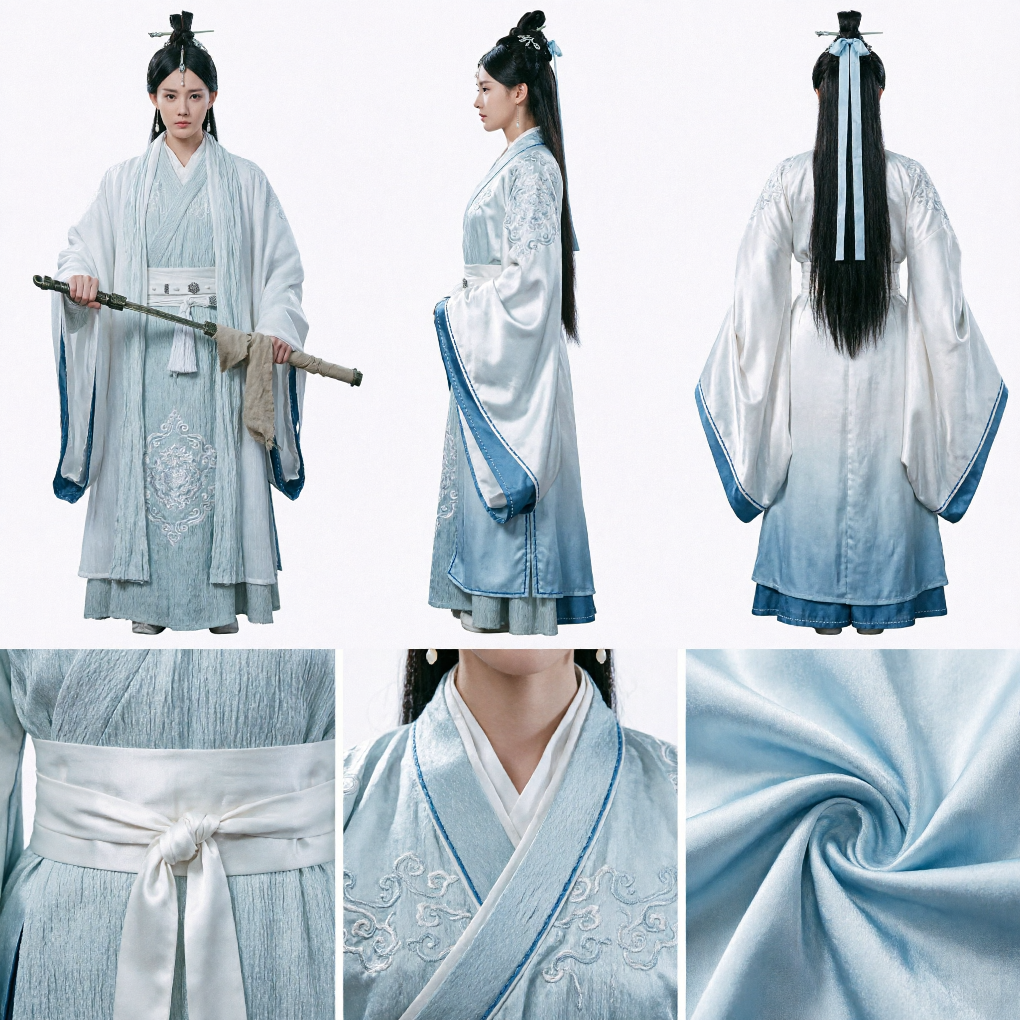 Ancient Chinese Swordswoman Hanfu Costume Traditional Wuxia Martial Arts Light Blue Robe for Women Cosplay