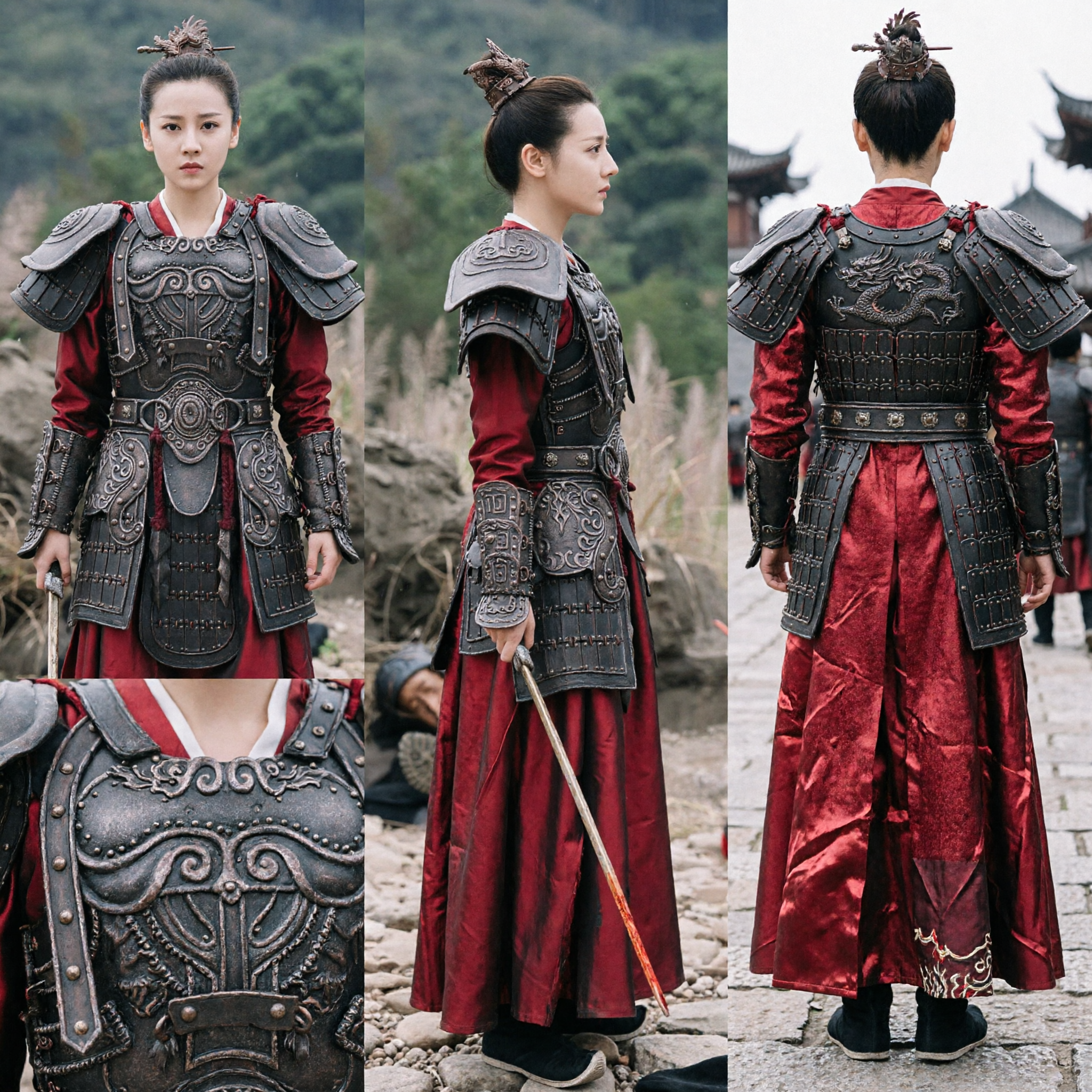 Ancient Chinese Female General Armor Costume Set with Red Hanfu Robe for Women Cosplay and Stage Performance