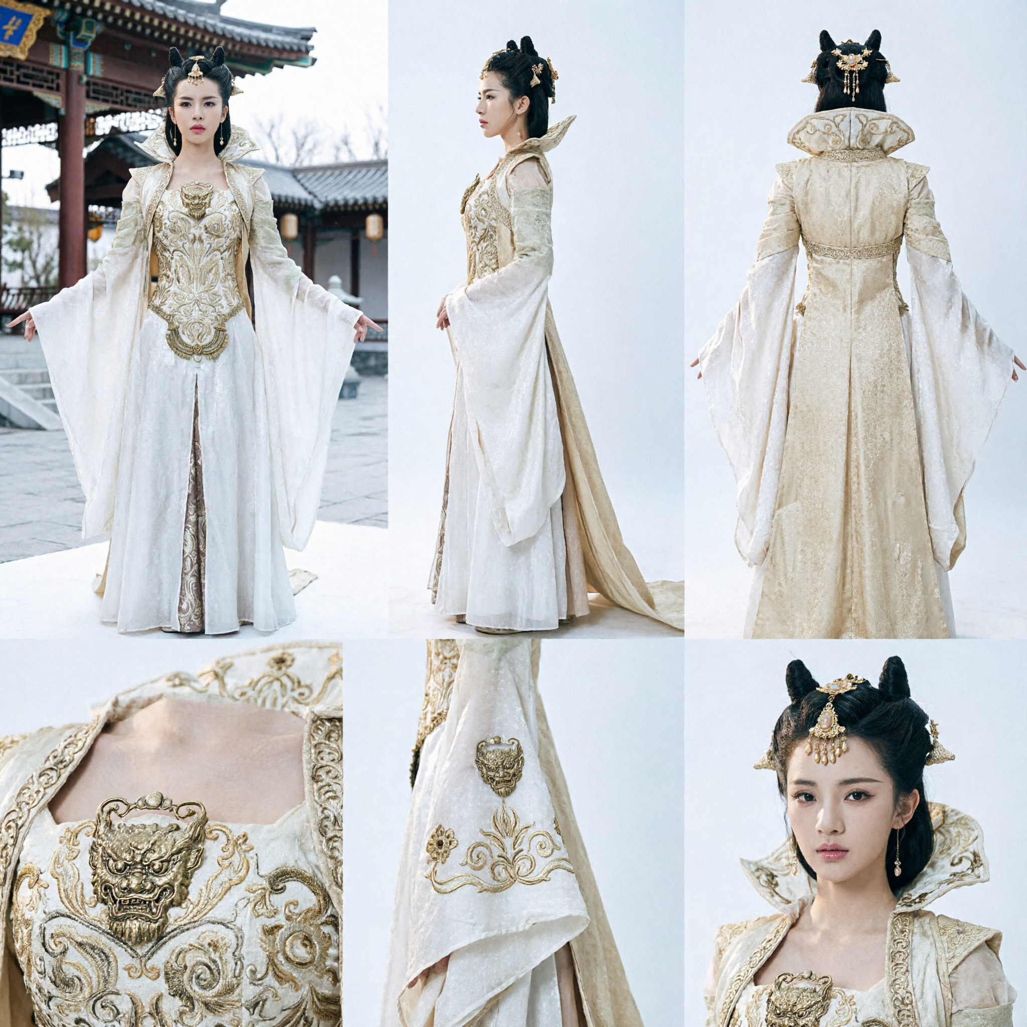 Traditional Chinese Ancient Fantasy Fairy Dress White Gold Embroidered Hanfu Cosplay Costume for Women Stage Show
