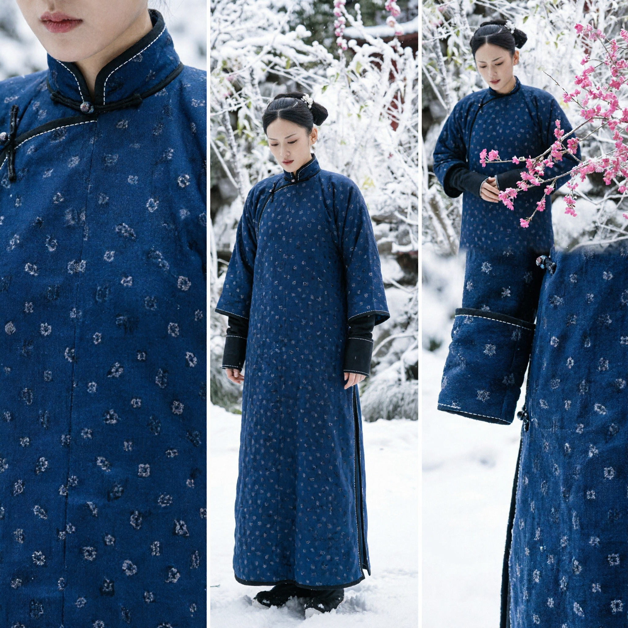 Traditional Chinese Qing Dynasty Winter Costume Dark Blue Long Gown Ancient Period Drama Clothing for Women