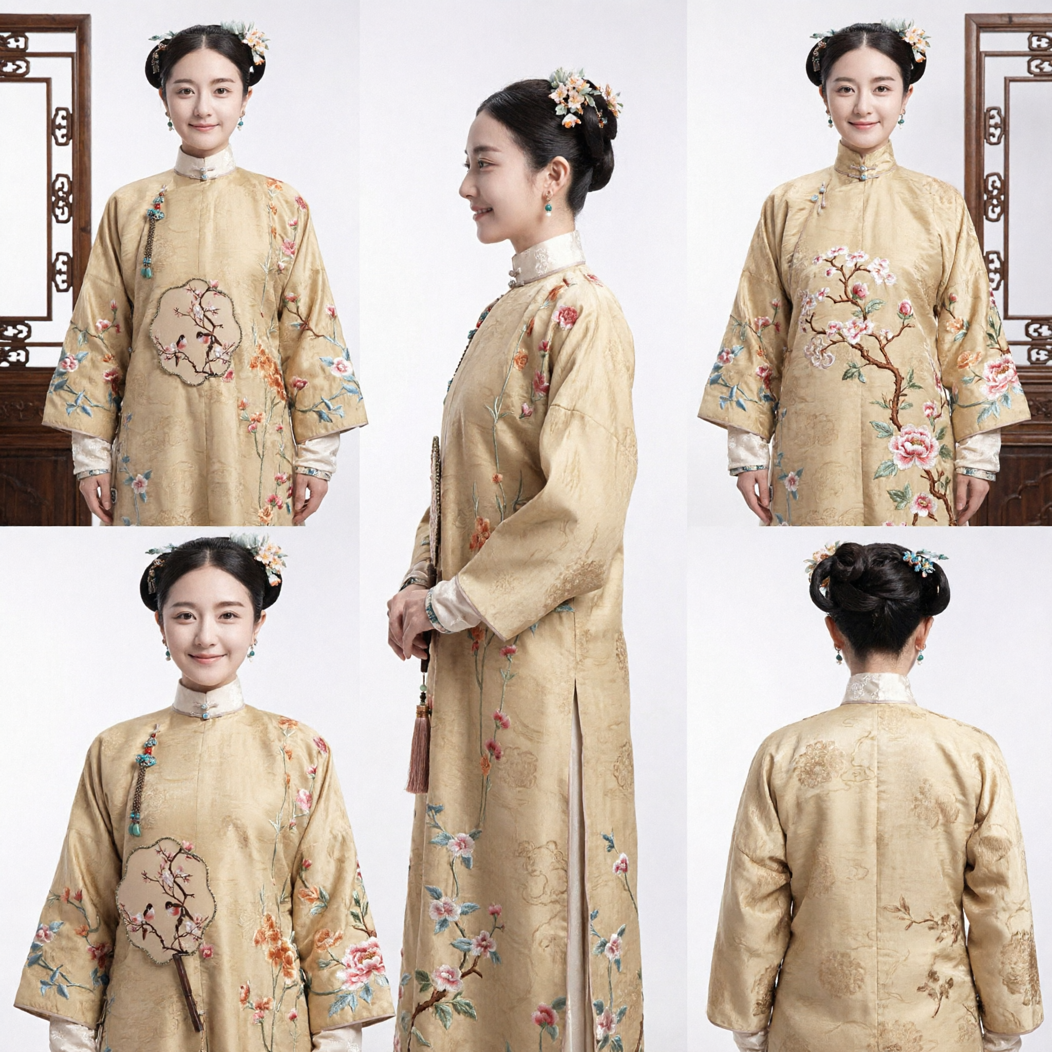 Ancient Chinese Qing Dynasty Embroidered Beige Robe Traditional Manchu Lady Costume Historical Cosplay Outfit for Women