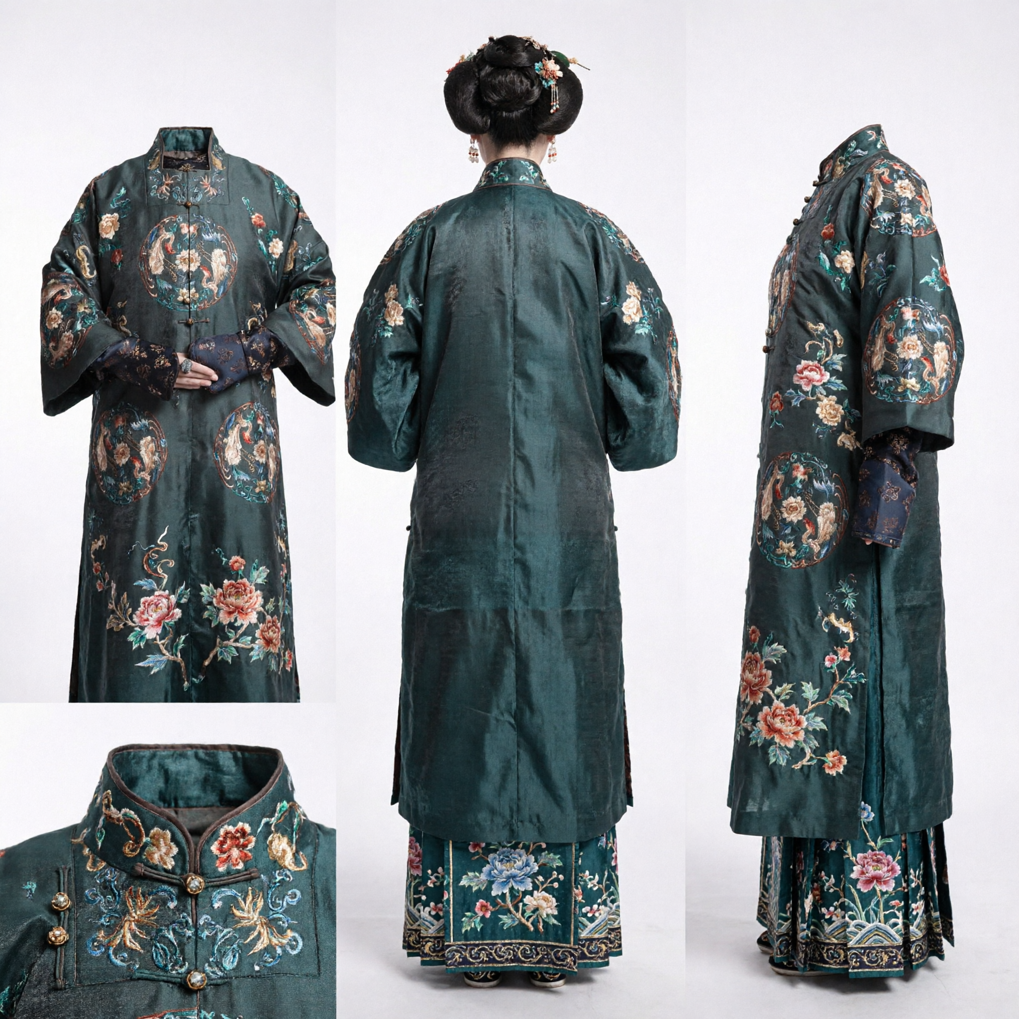 Ancient Chinese Qing Dynasty Manchu Empress Costume Traditional Black Embroidered Robe for Women Historical Cosplay