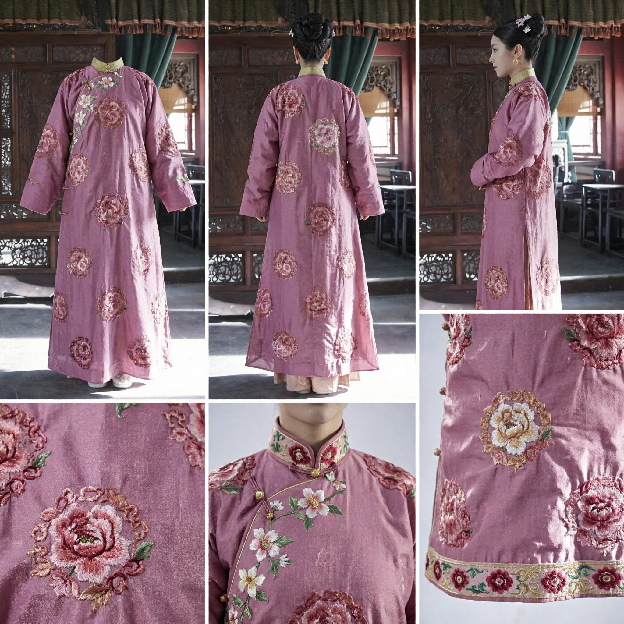 Traditional Chinese Pink Ancient Costume Qing Dynasty Style Floral Embroidery Robe Hanfu Dress for Women