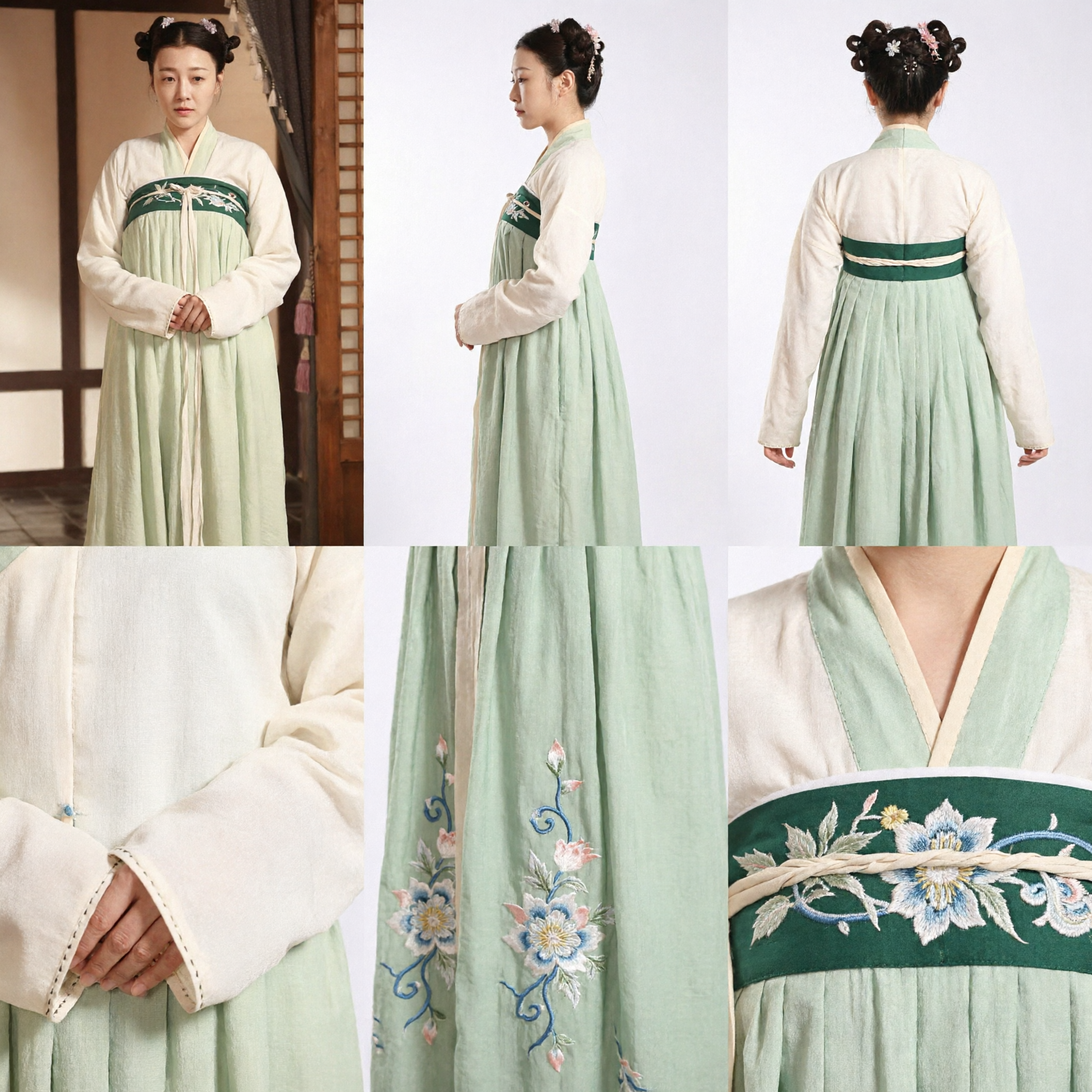 Traditional Chinese Hanfu Tang Dynasty Princess Costume Green Embroidered Skirt and White Top for Women