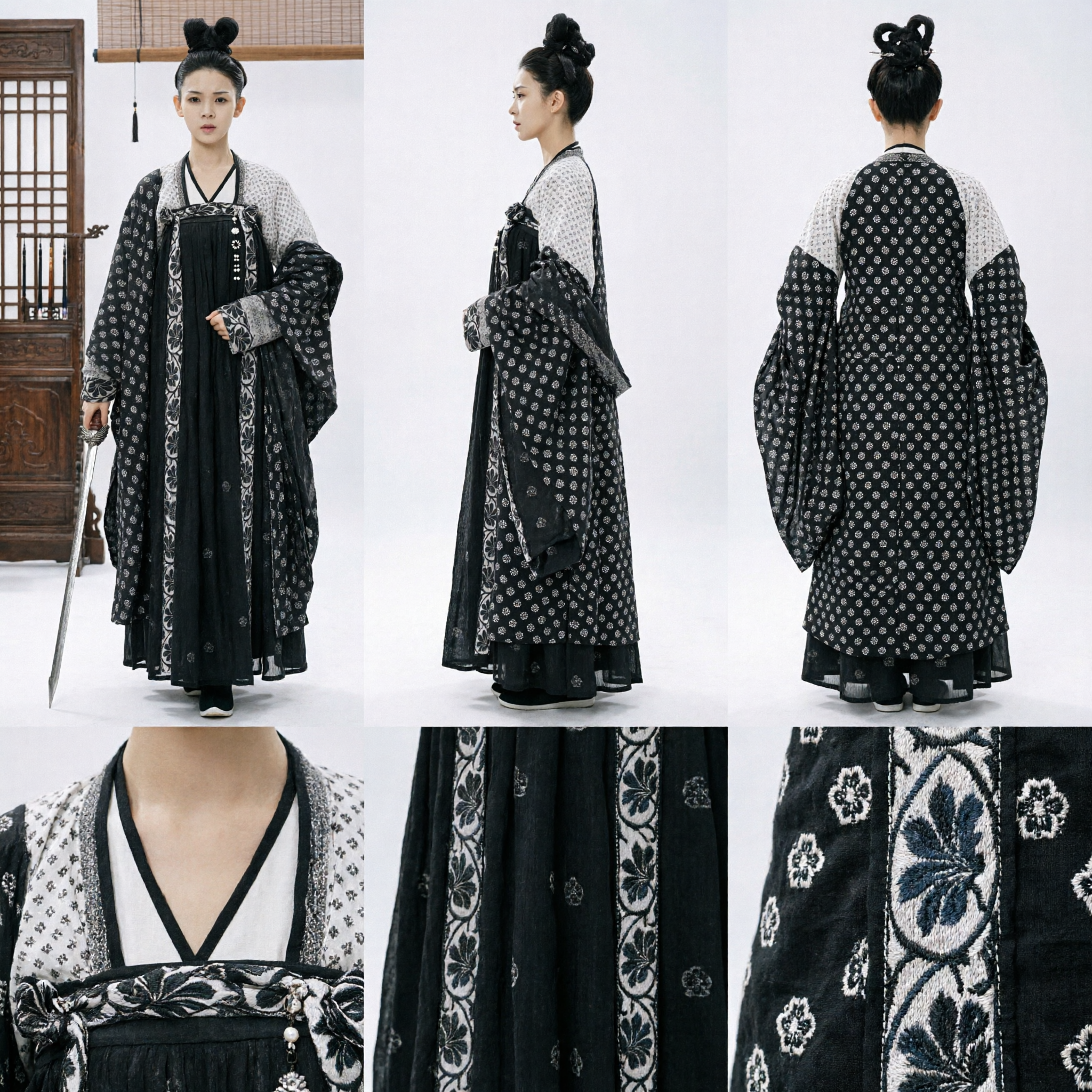Women's Traditional Chinese Hanfu Tang Dynasty Costume Black Floral Wuxia Swordswoman Ancient Clothing