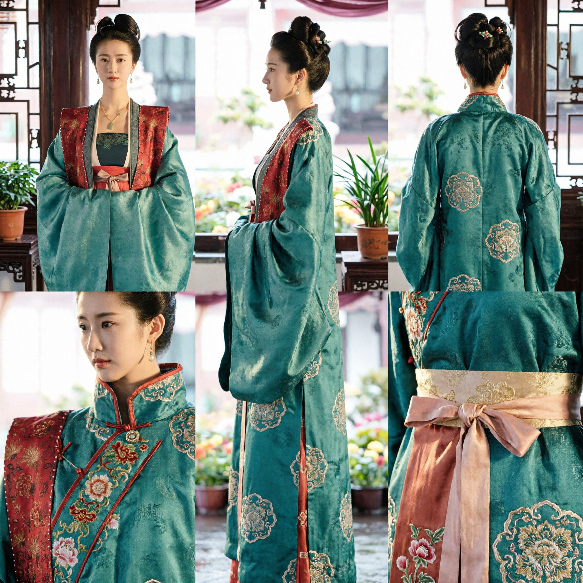 Traditional Chinese Hanfu Costume Ancient Green Robe with Red Embroidered Collar for Women Historical Dress