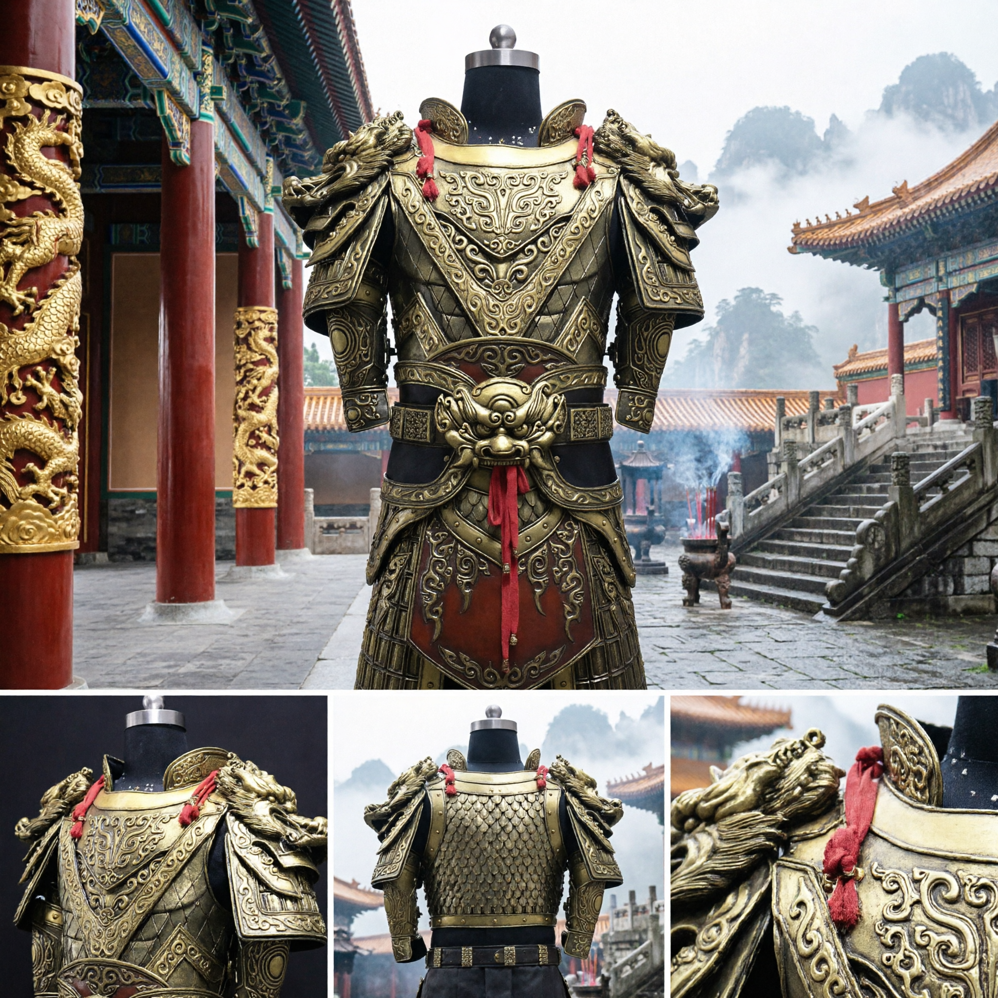 Chinese Ancient General Armor Costume Gold Dragon Warrior Suit for Men Cosplay Stage Performance