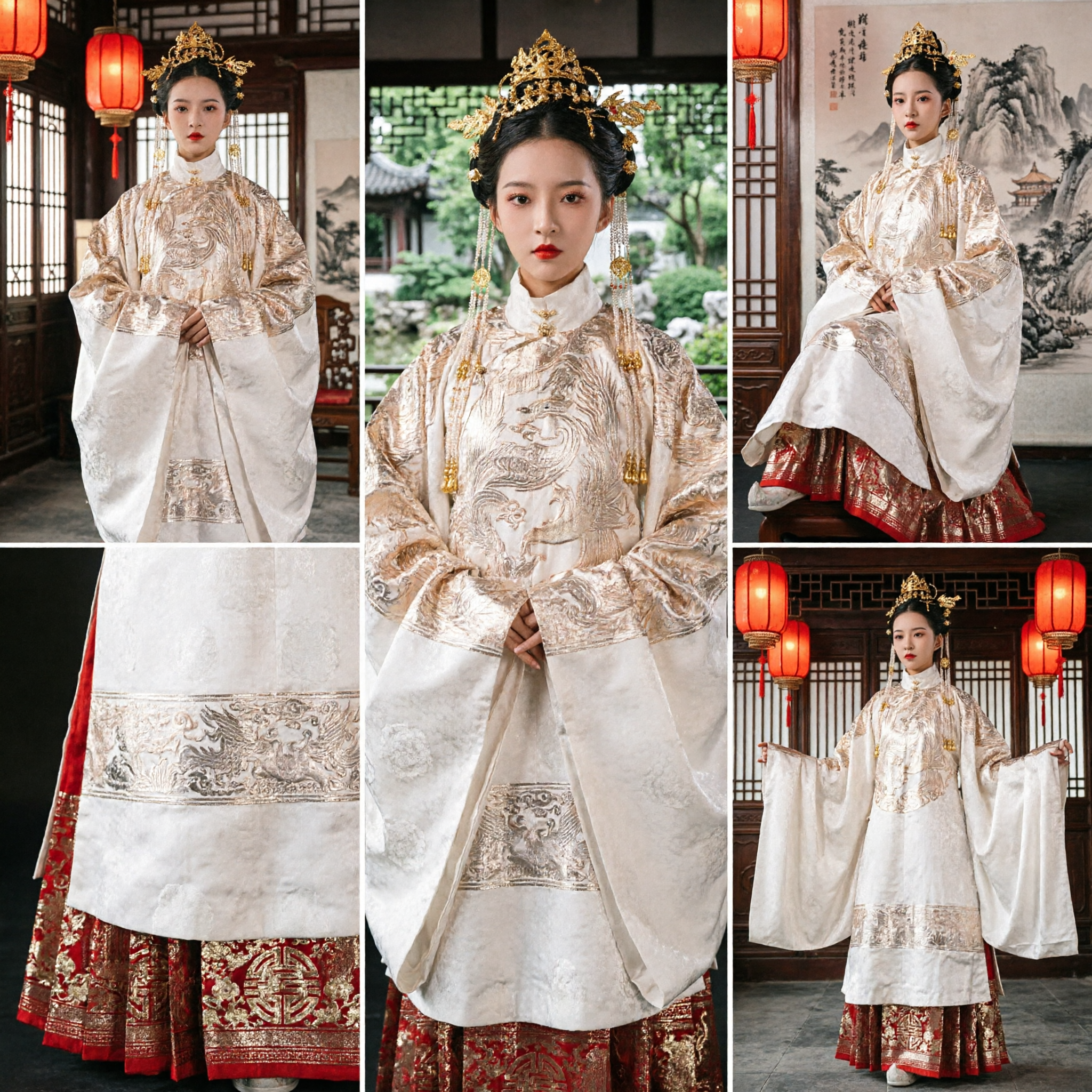 Traditional Chinese Hanfu Ancient Palace Queen Costume White Gold Embroidery Formal Wedding Dress for Women