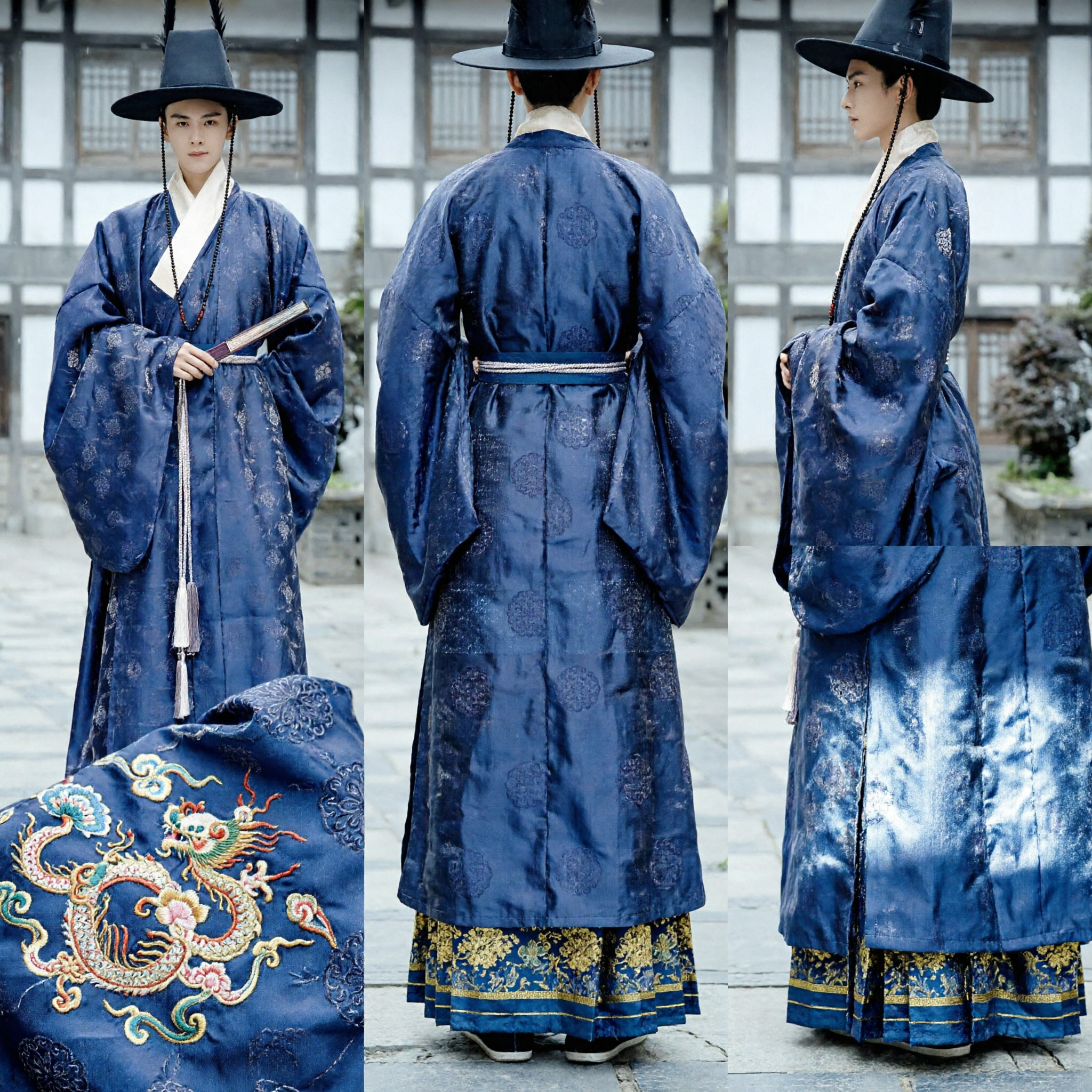 Traditional Chinese Men's Hanfu Ancient Scholar Costume Blue Brocade Robe with Feathered Hat for Cosplay and Photography