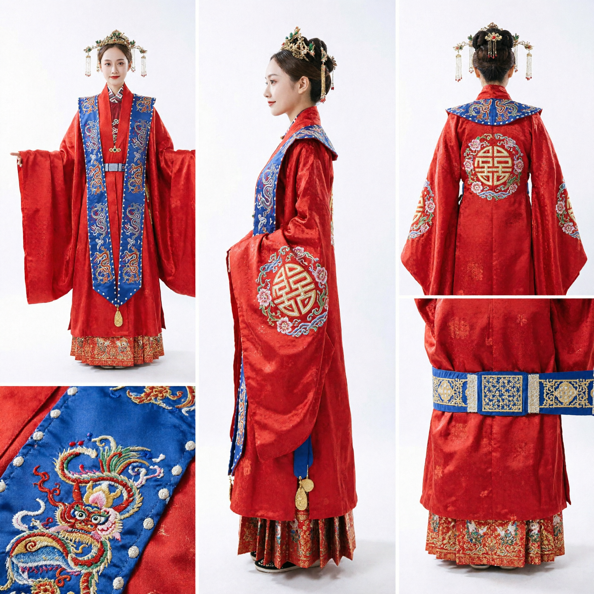 Traditional Chinese Wedding Hanfu Red Gown Ancient Ming Dynasty Style Bride Costume with Embroidered Blue Stole