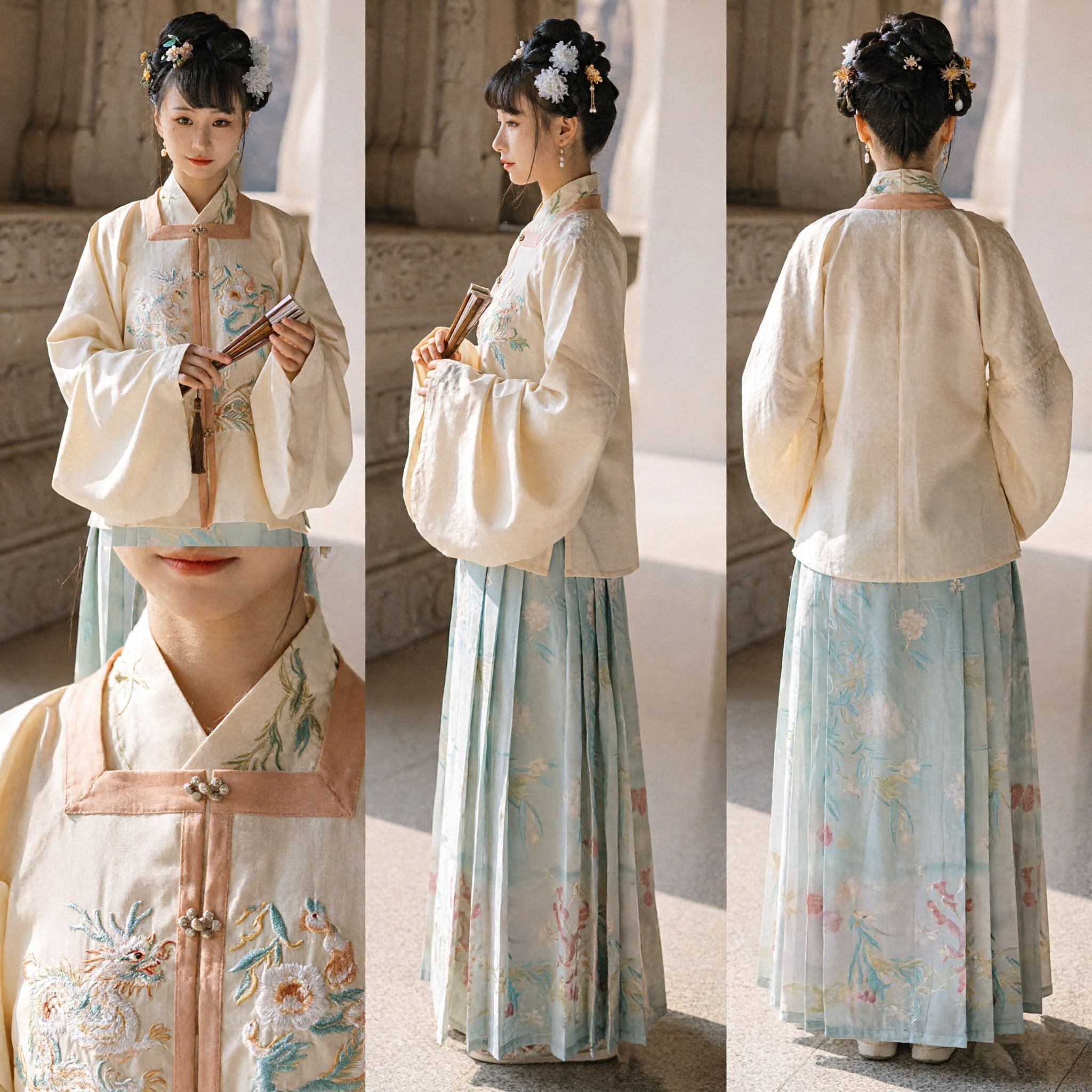 Ancient Chinese Hanfu Costume Song Dynasty Style Embroidered Cream Top and Floral Pleated Skirt Set for Women