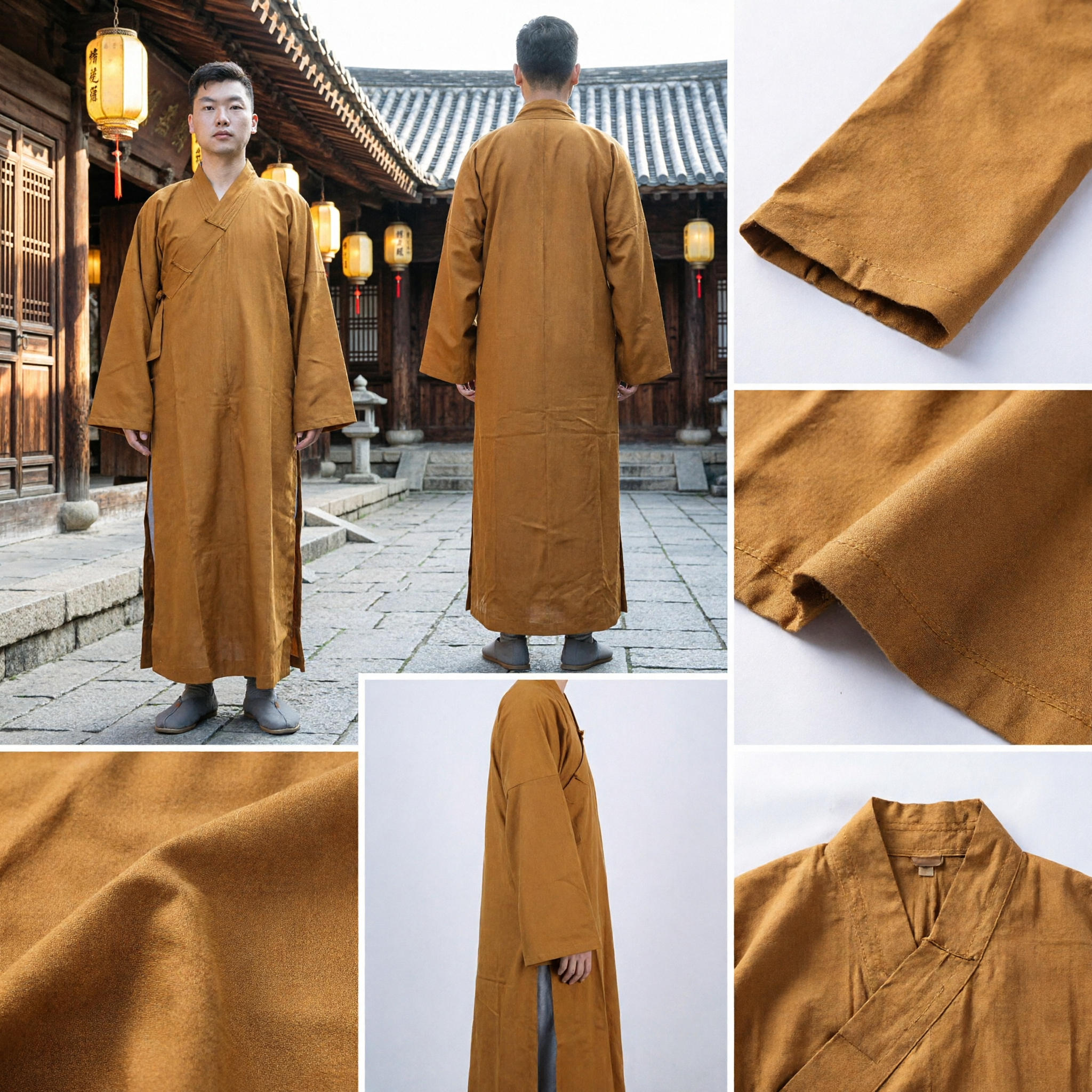 Men's Traditional Saffron Buddhist Monk Robe Haiqing Gown for Meditation Martial Arts Kung Fu Performance Costume