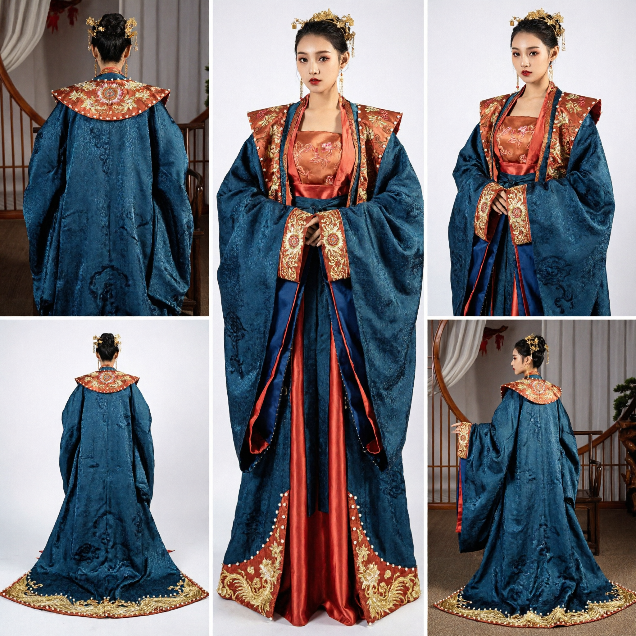 Ancient Chinese Princess Hanfu Traditional Tang Dynasty Wedding Dress Embroidered Blue Robe Red Skirt for Women