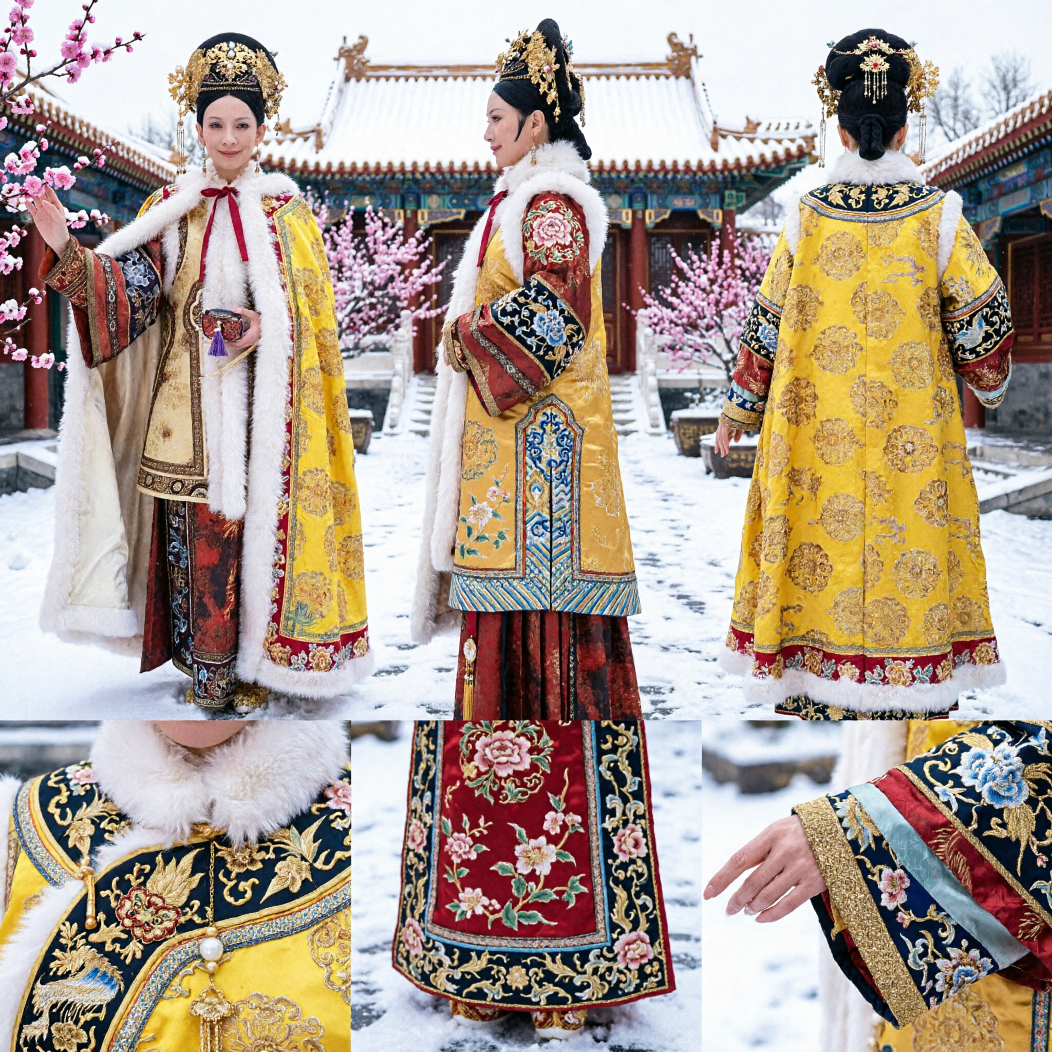 Traditional Chinese Ancient Empress Costume for Women Yellow Embroidered Robe with Fur Trim for Cosplay and Performance