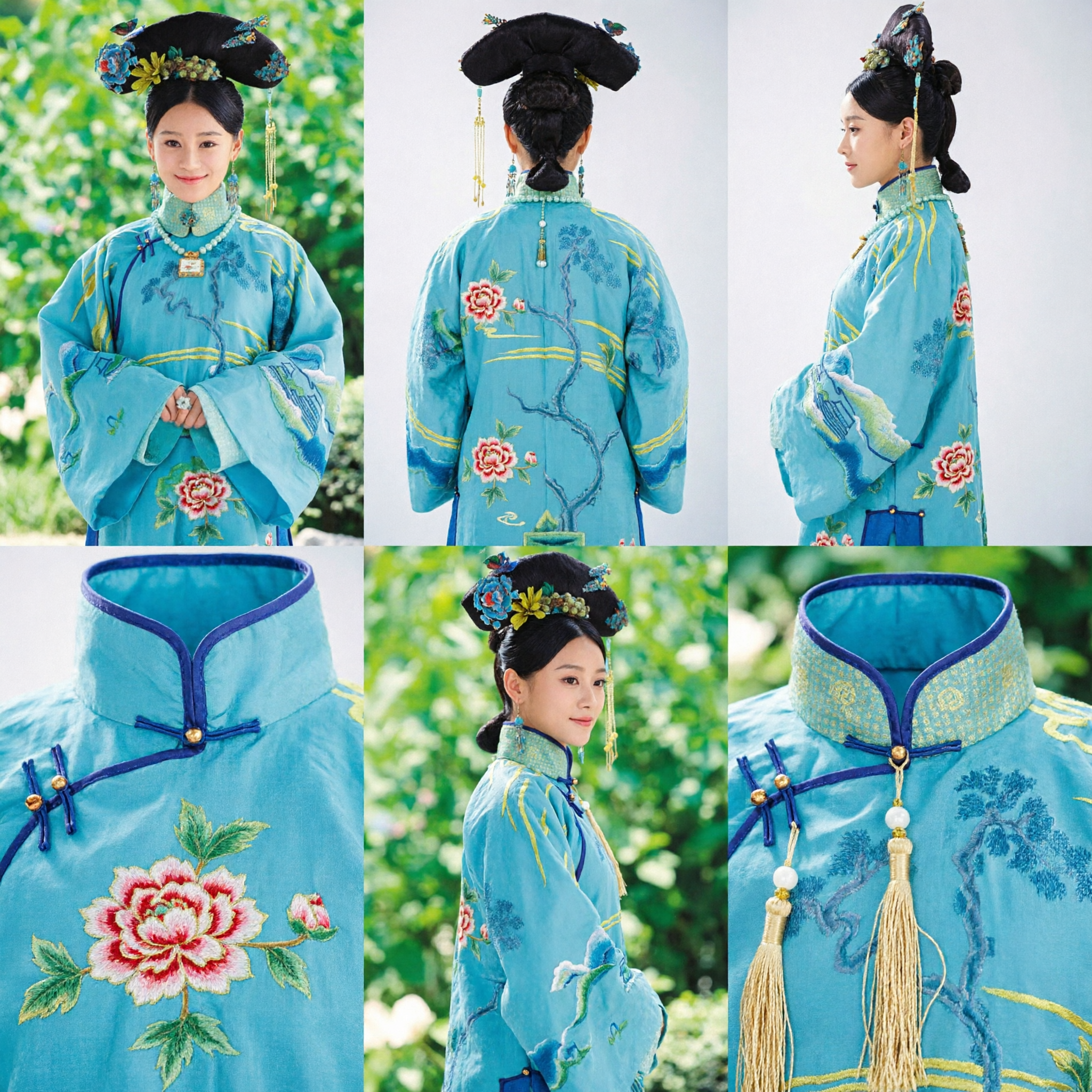 Traditional Chinese Qing Dynasty Manchu Princess Costume Blue Embroidered Robe and Headdress Set for Women Cosplay