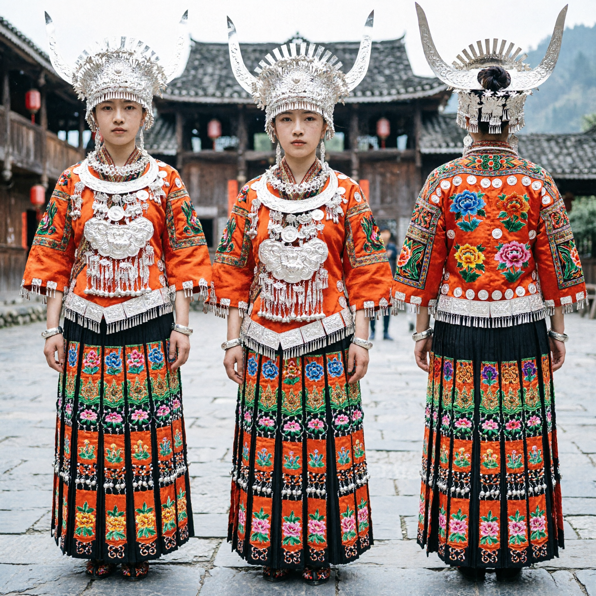 Traditional Chinese Miao Minority Costume with Elaborate Silver Headdress and Embroidered Red Dress for Stage Performance