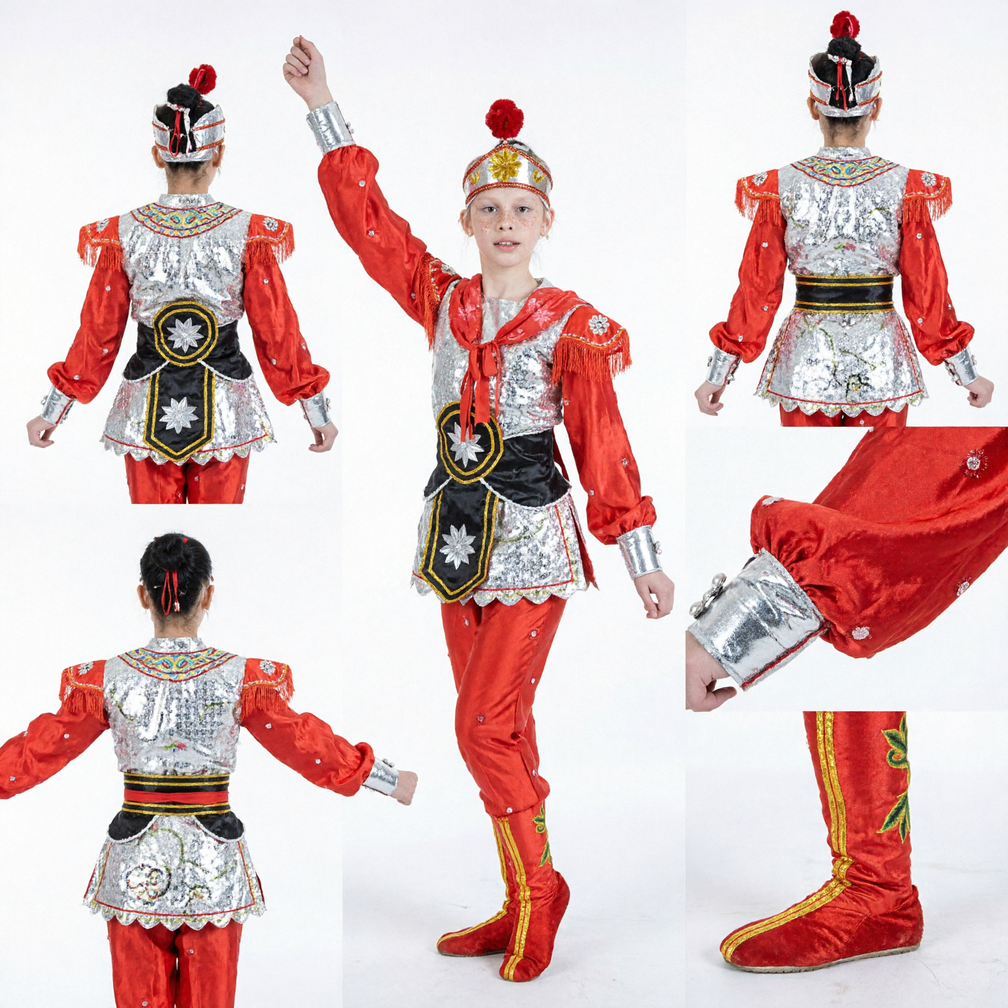 Traditional Chinese Folk Dance Costume for Girls Red Ethnic Minority Stage Performance Dress with Hat