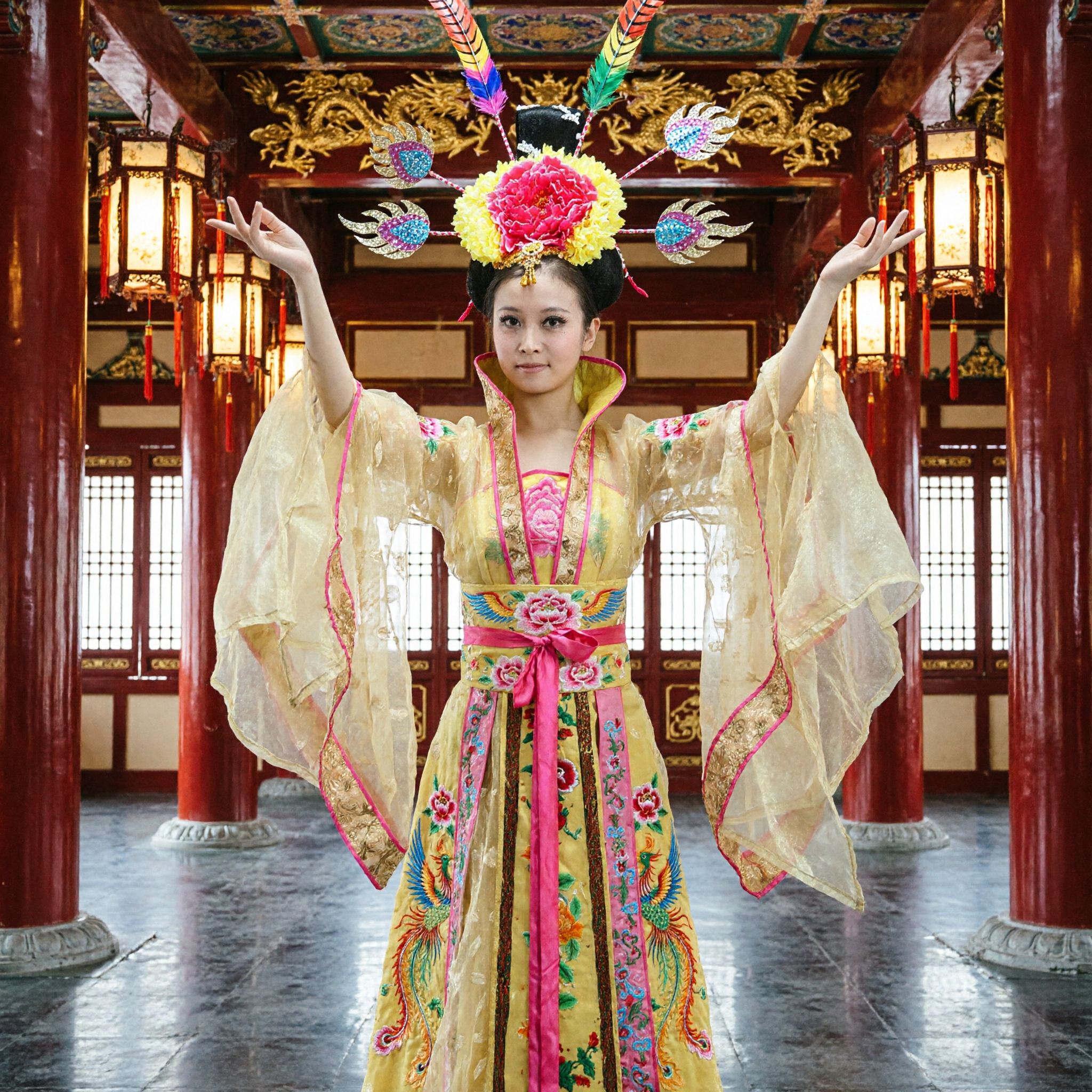 Traditional Chinese Yellow Hanfu Tang Dynasty Princess Costume for Women Stage Dance Performance