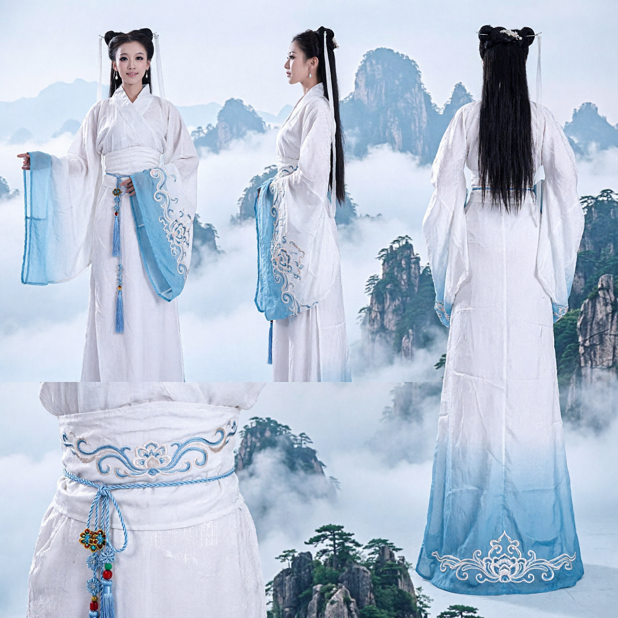 Elegant White and Blue Traditional Chinese Hanfu Costume Ancient Fairy Dress Wide Sleeve Robe for Women