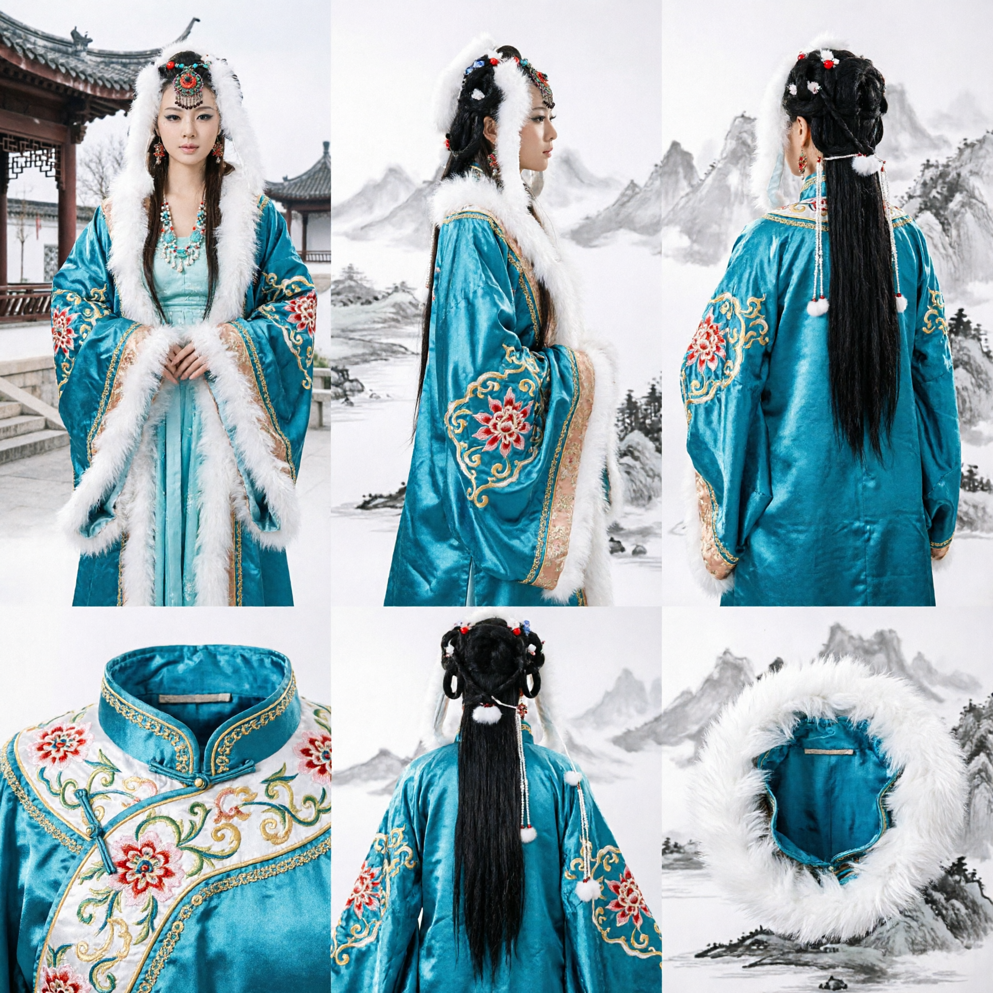 Traditional Chinese Hanfu Costume Blue Ancient Princess Fairy Dress with White Fur Trim for Women Cosplay