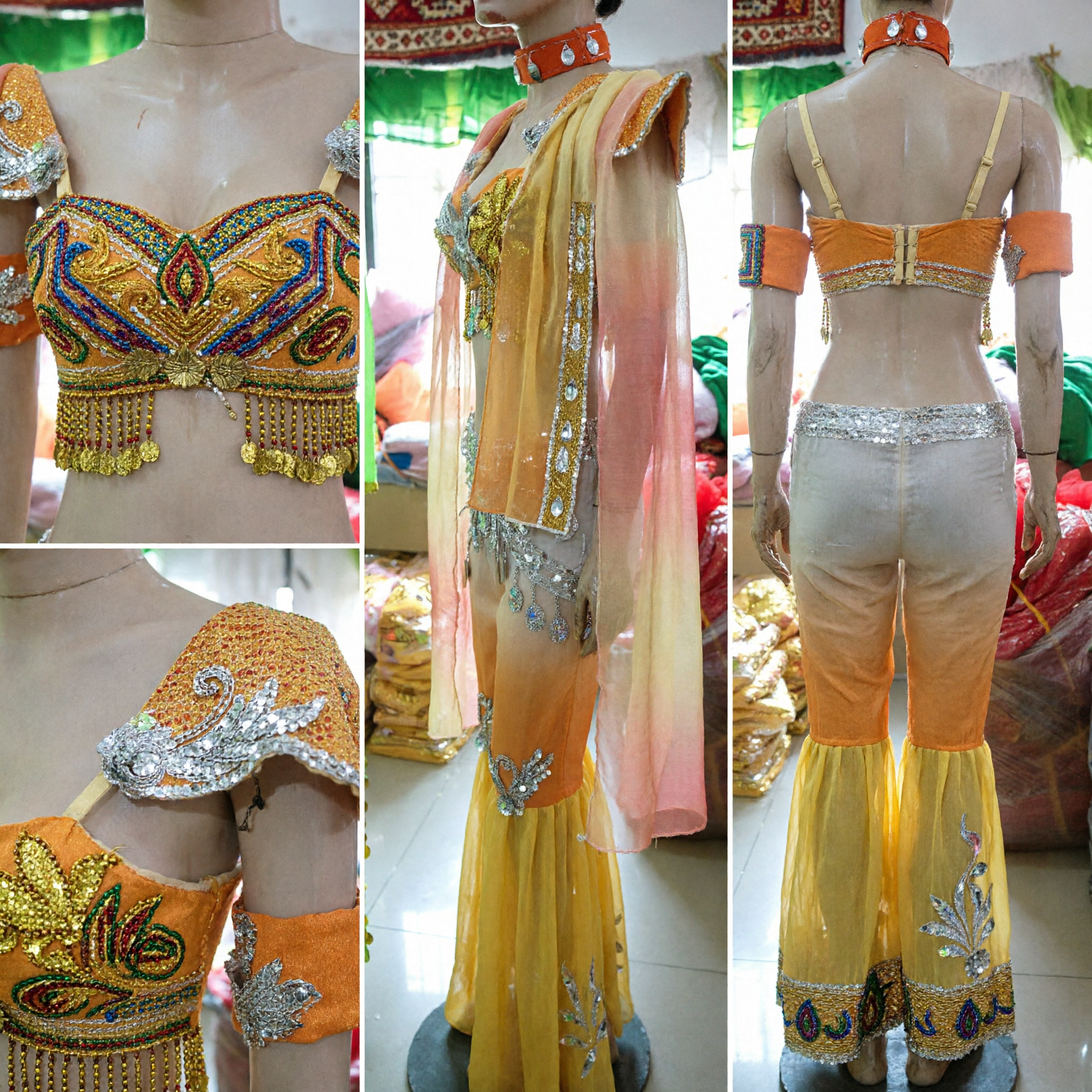 Professional Yellow Ombre Belly Dance Costume Set Sequined Bra Belt Pants Stage Performance Outfit