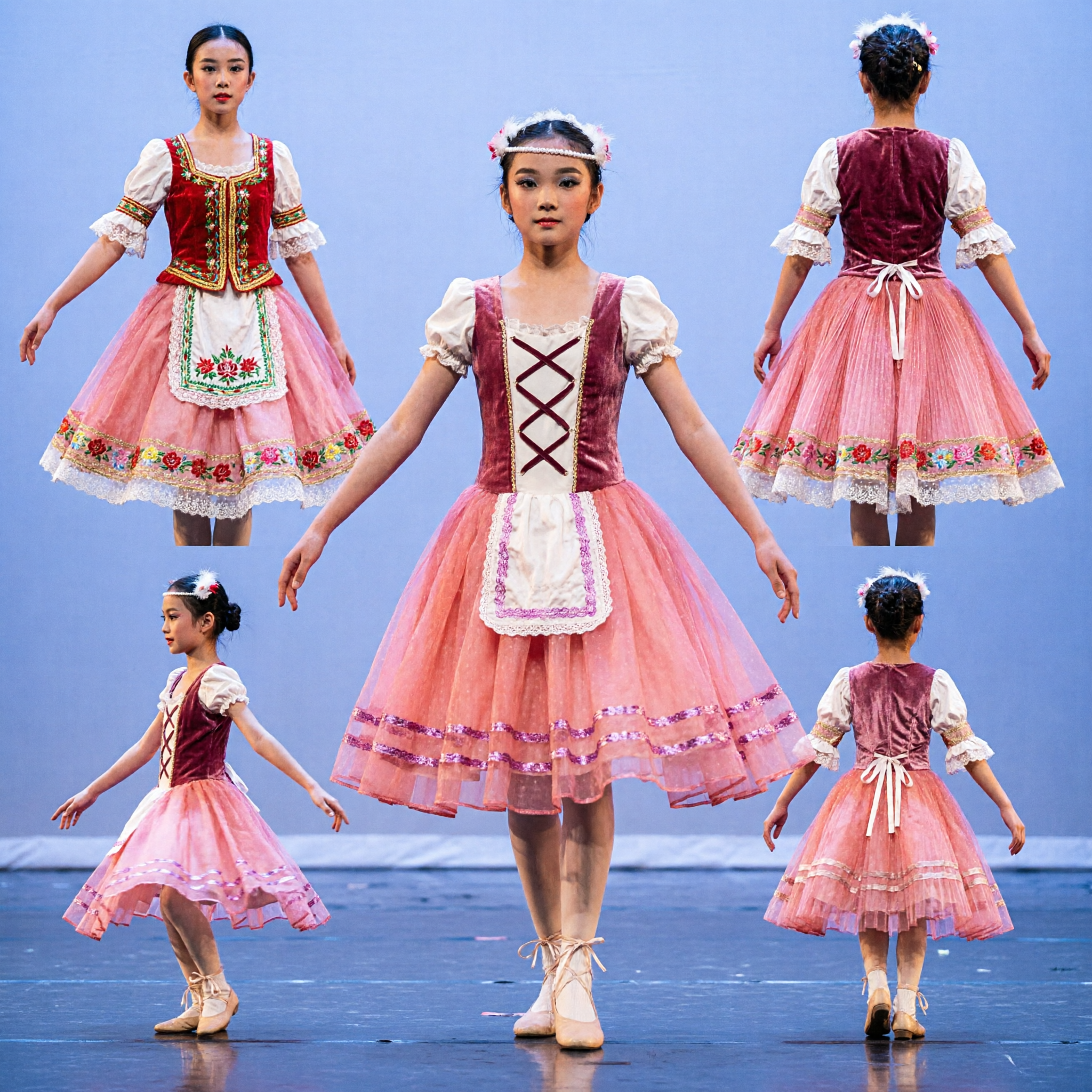 Girls Pink Tulle Folk Dance Costume Red Bodice Stage Performance Outfit for Recital