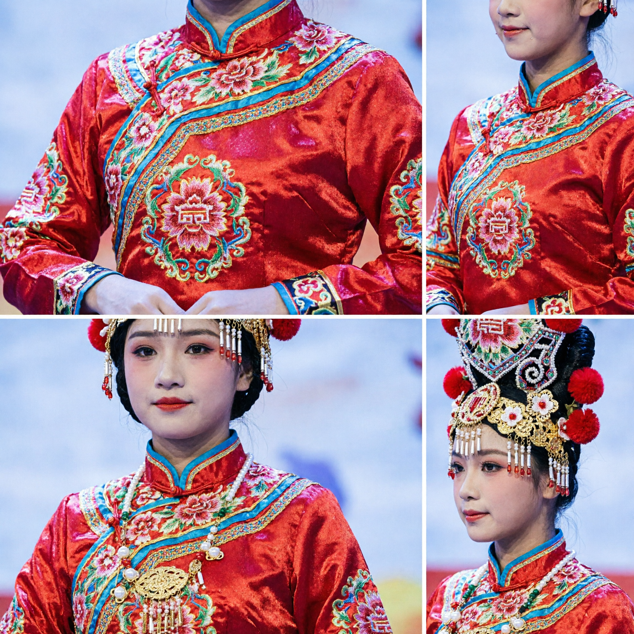 Traditional Chinese Folk Dance Costume for Kids Girls Red Gold Embroidery with Pheasant Feather Headdress Stage Performance Outfit