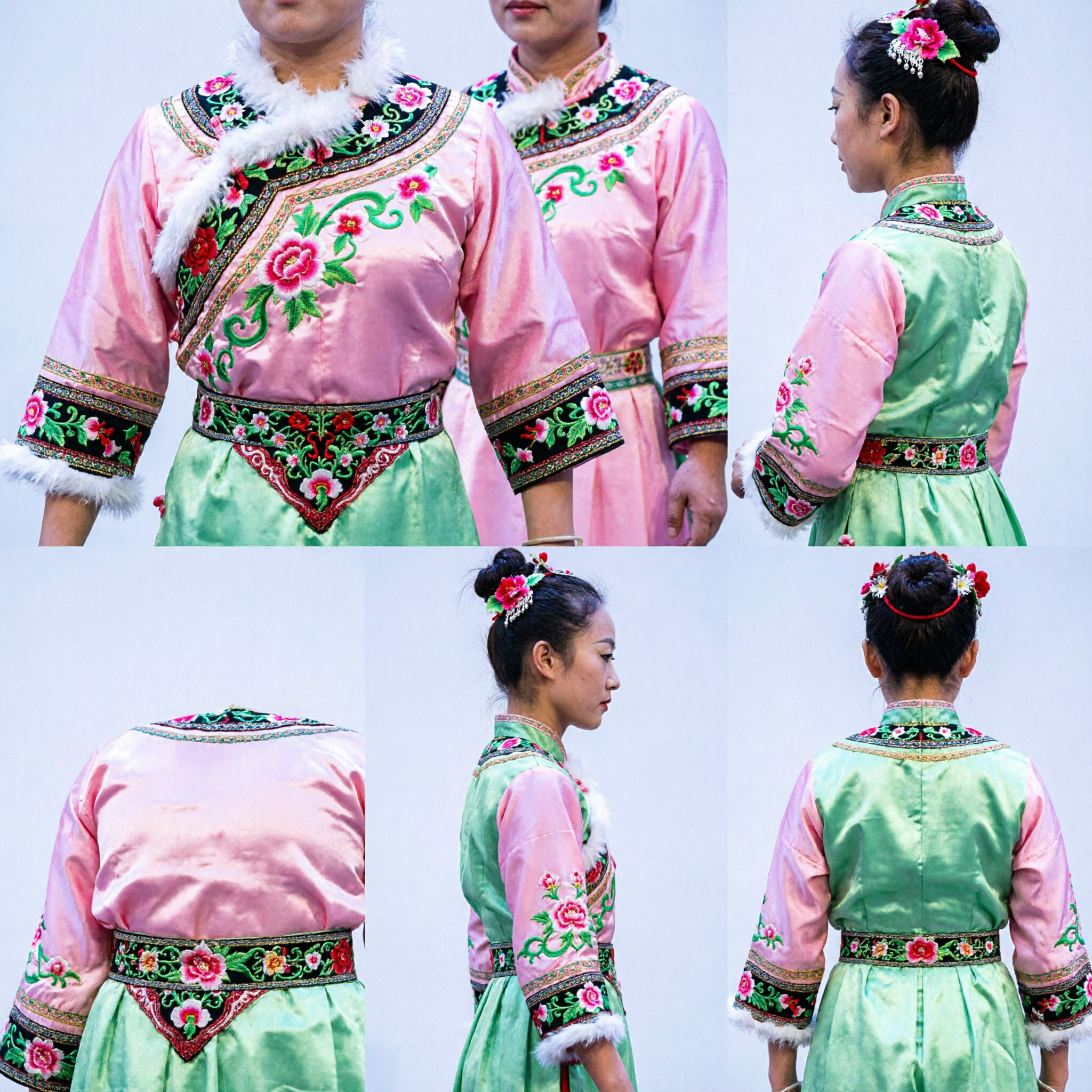 Kids Girls Traditional Chinese Folk Dance Costume Green Floral Dress with Flower Fan Props