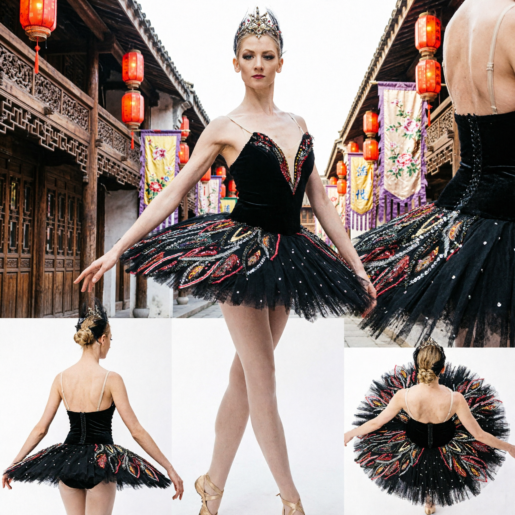 Women's Black Swan Lake Ballet Tutu Dress Professional Stage Performance Costume with Sequin Embroidery and Tiara