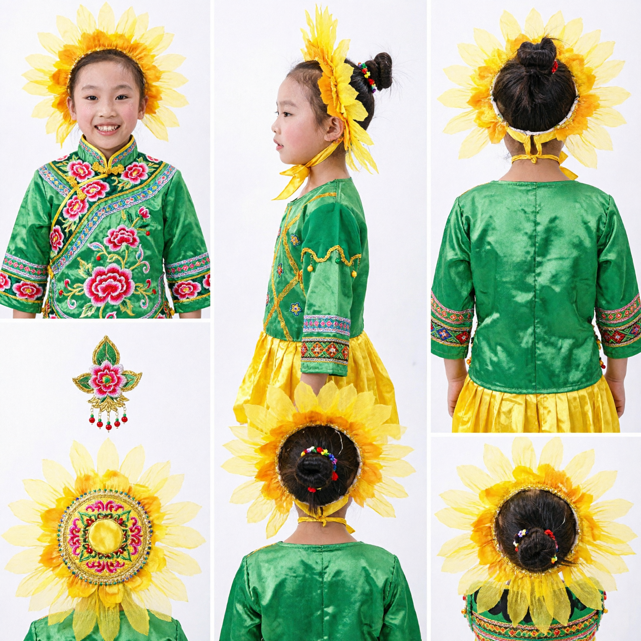 Kids Girls Sunflower Dance Costume Yellow Green Ruffled Stage Performance Outfit for Kindergarten Show