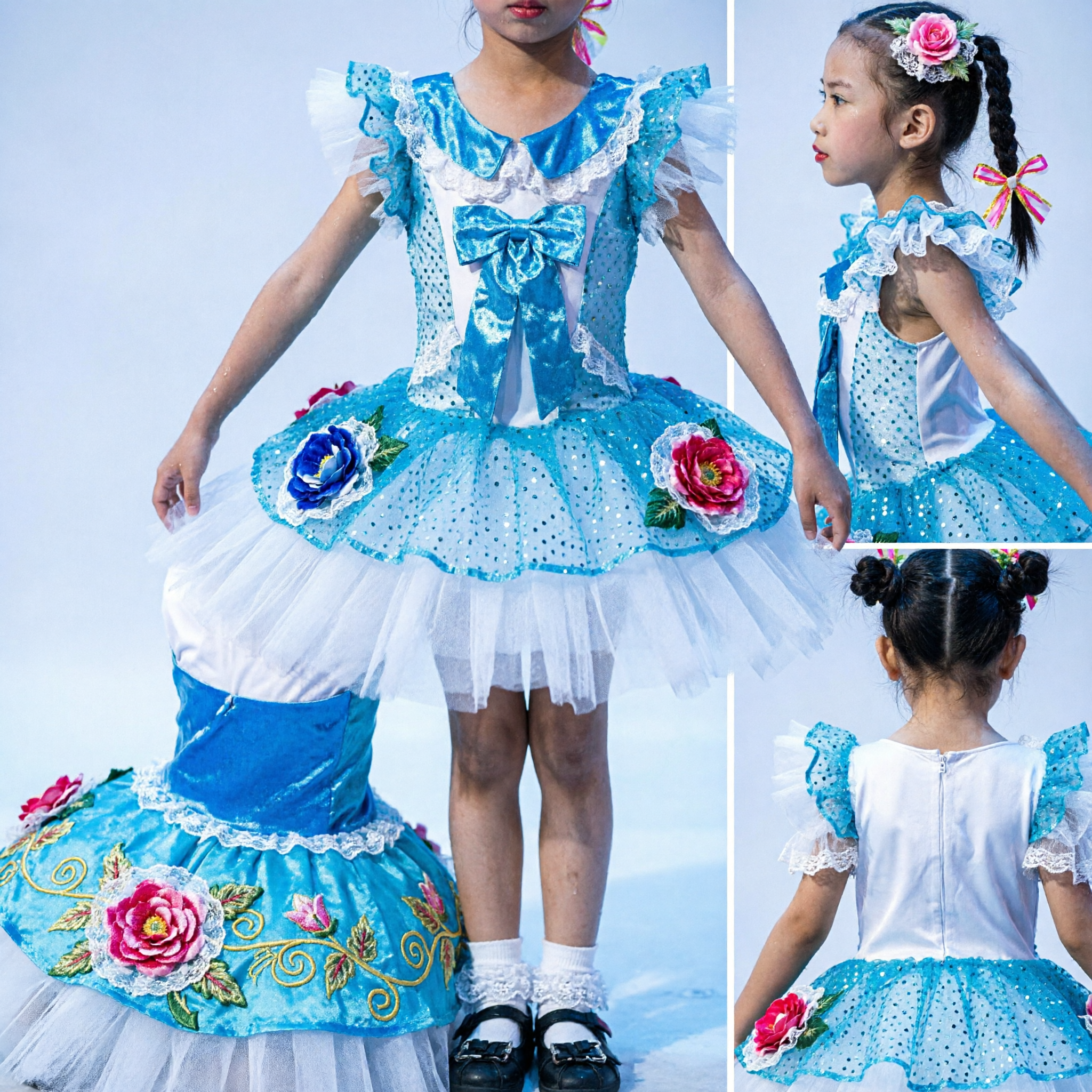 Girls Blue White Sequin Tutu Dress with Pink School Bag Prop for Kids Stage Dance Performance