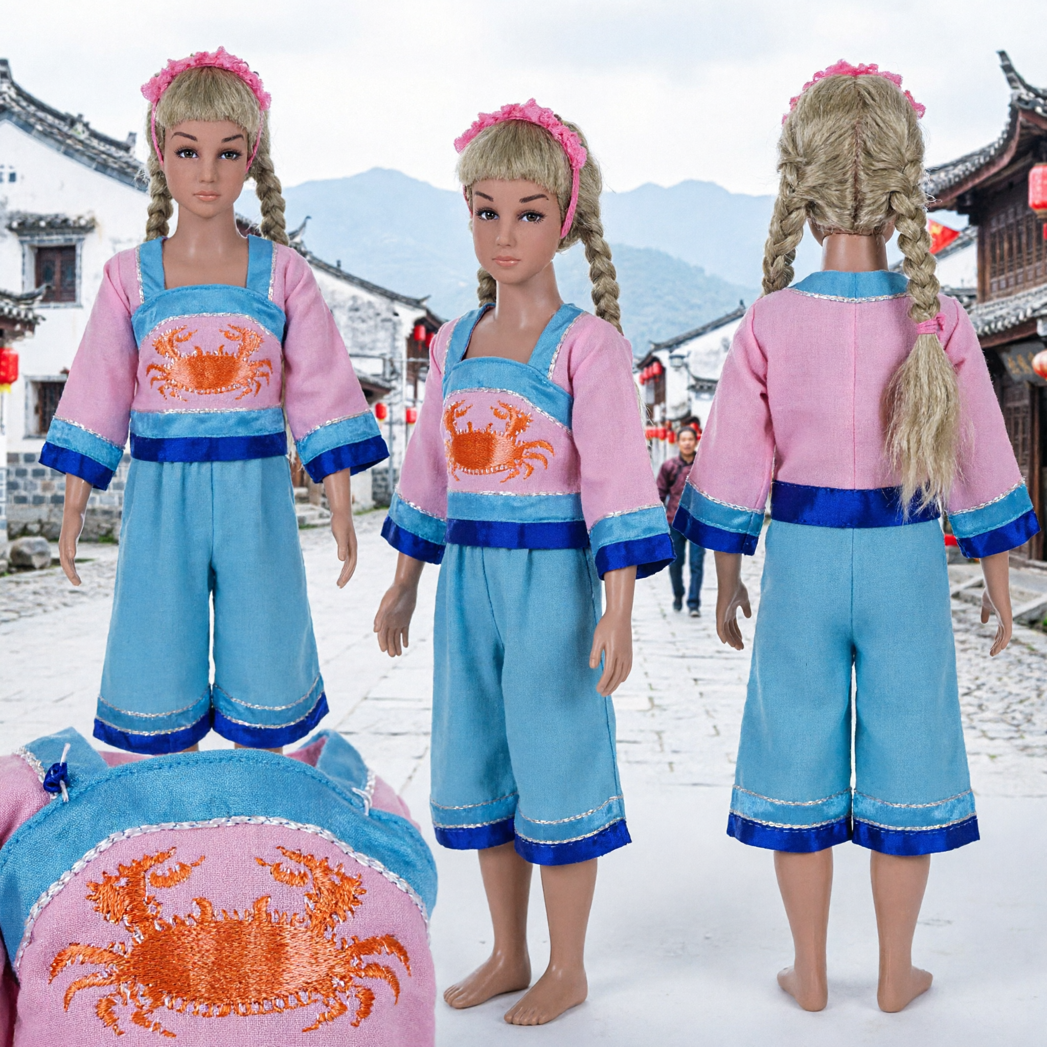 Chinese Folk Dance Crab Fisherwoman Costume Pink Blue Stage Performance Outfit for Women Girls