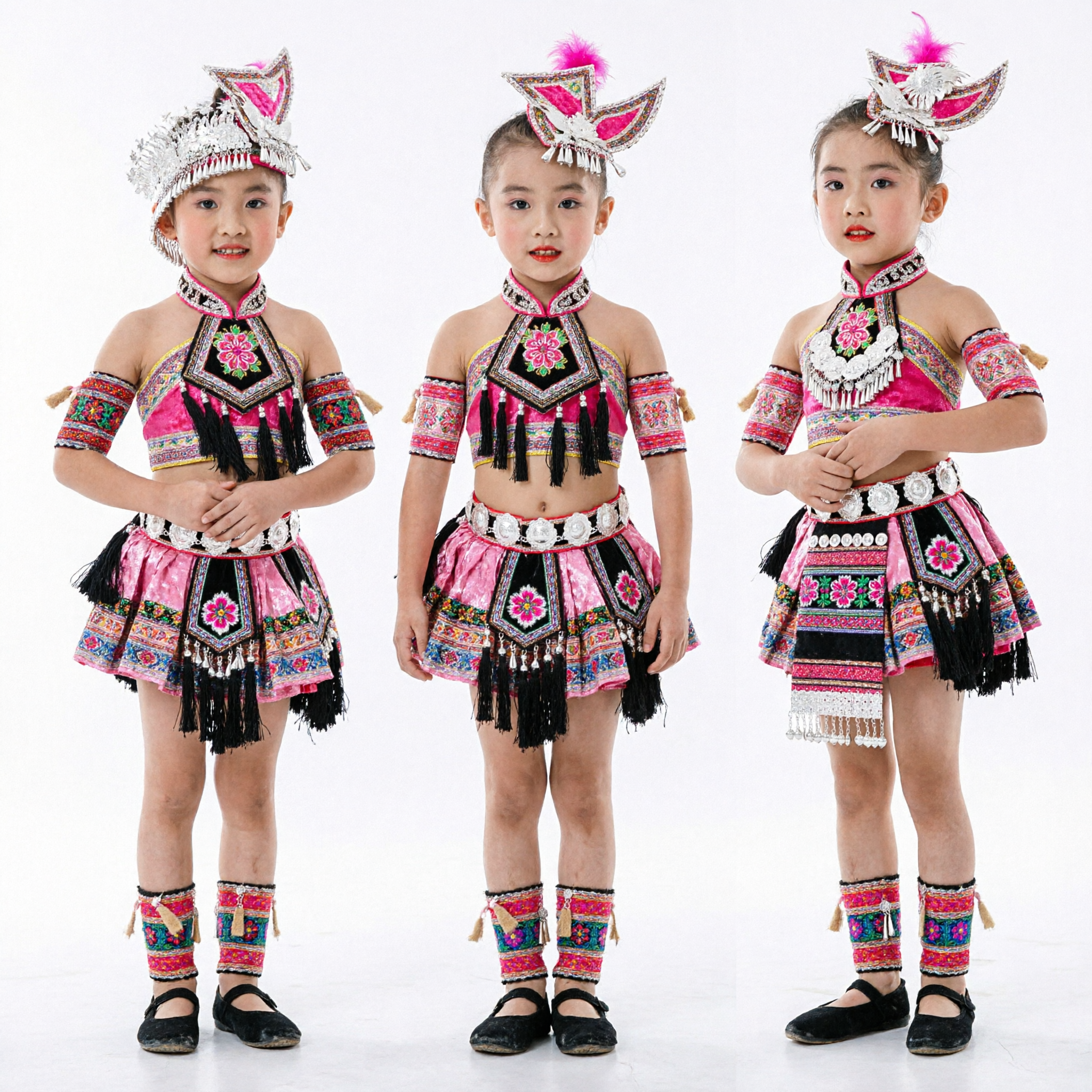 Children Traditional Miao Dance Costume Pink Ethnic Stage Performance Outfit for Girls Cultural Show