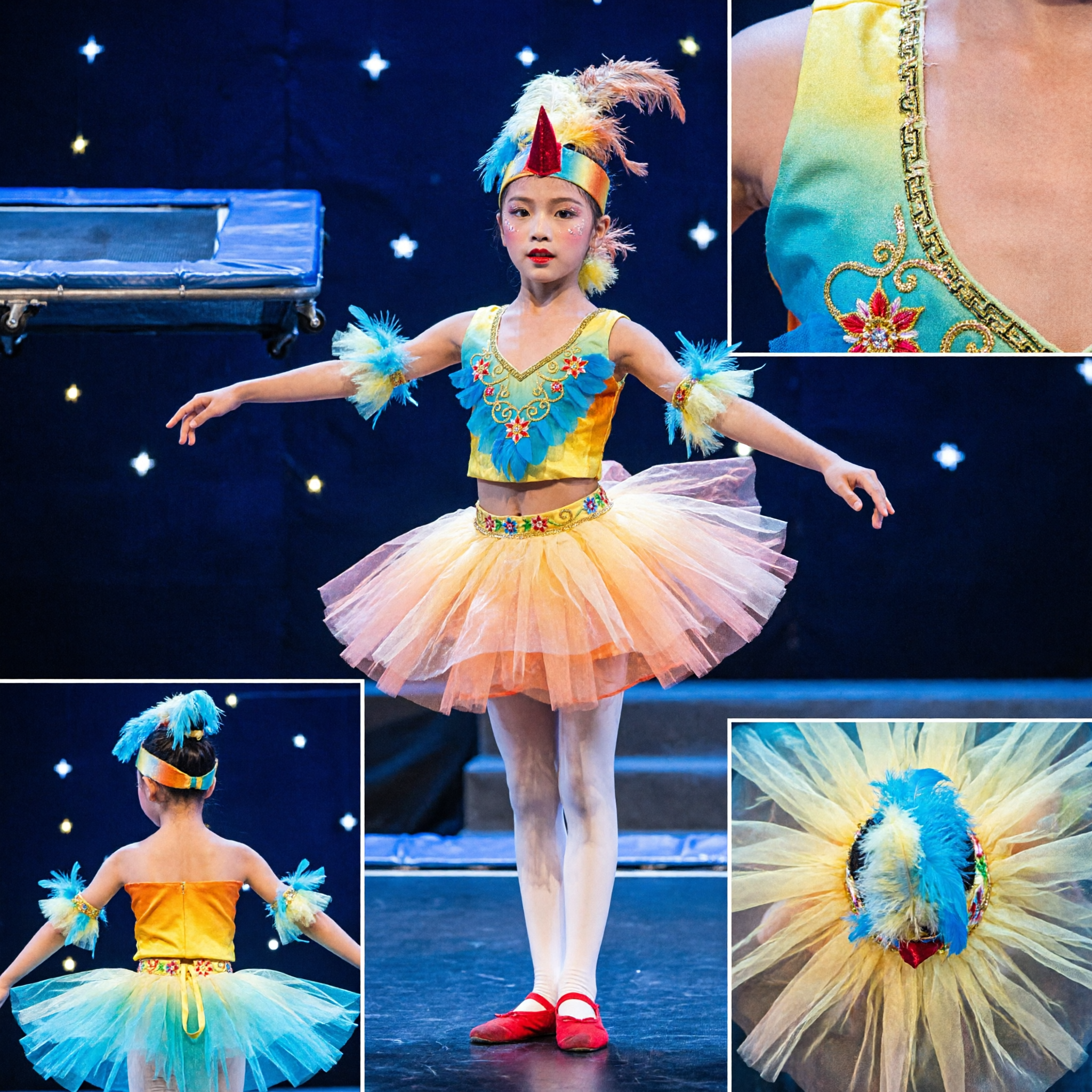 Vibrant Bird-Themed Children's Chinese Dance Costume with Feather Headpiece and Tutu for Stage Performances