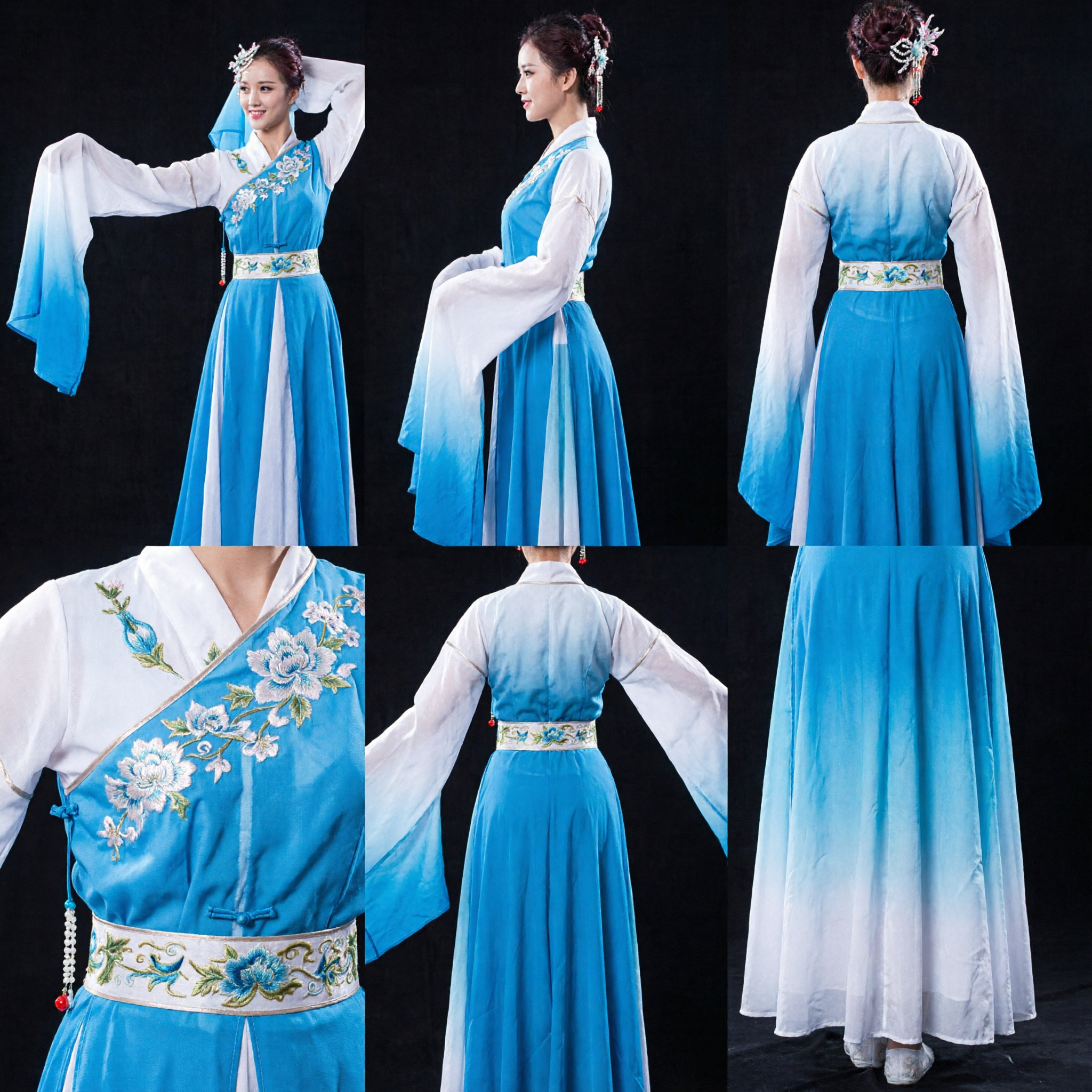 Women's Blue Chinese Classical Dance Costume with Long Water Sleeves for Folk Yangge Stage Performance