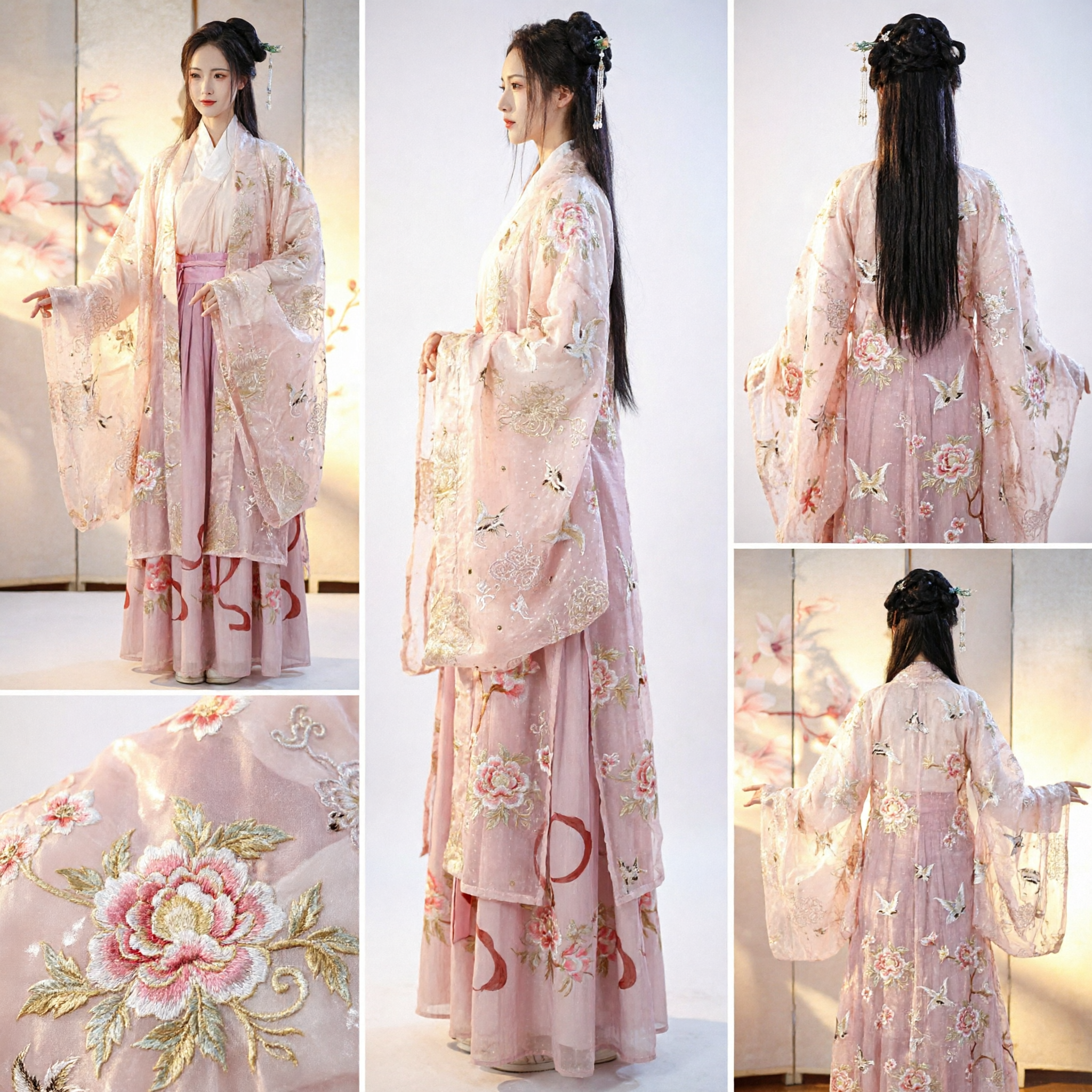 Traditional Chinese Hanfu Costume Ancient Fairy Dress Pink Embroidered Wide Sleeve Robe Set for Women