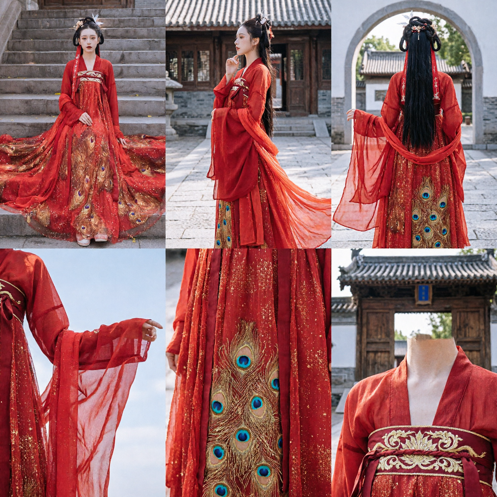 Elegant Red Chinese Hanfu Dress with Peacock Embroidery Traditional Ancient Costume for Women Wedding Performance
