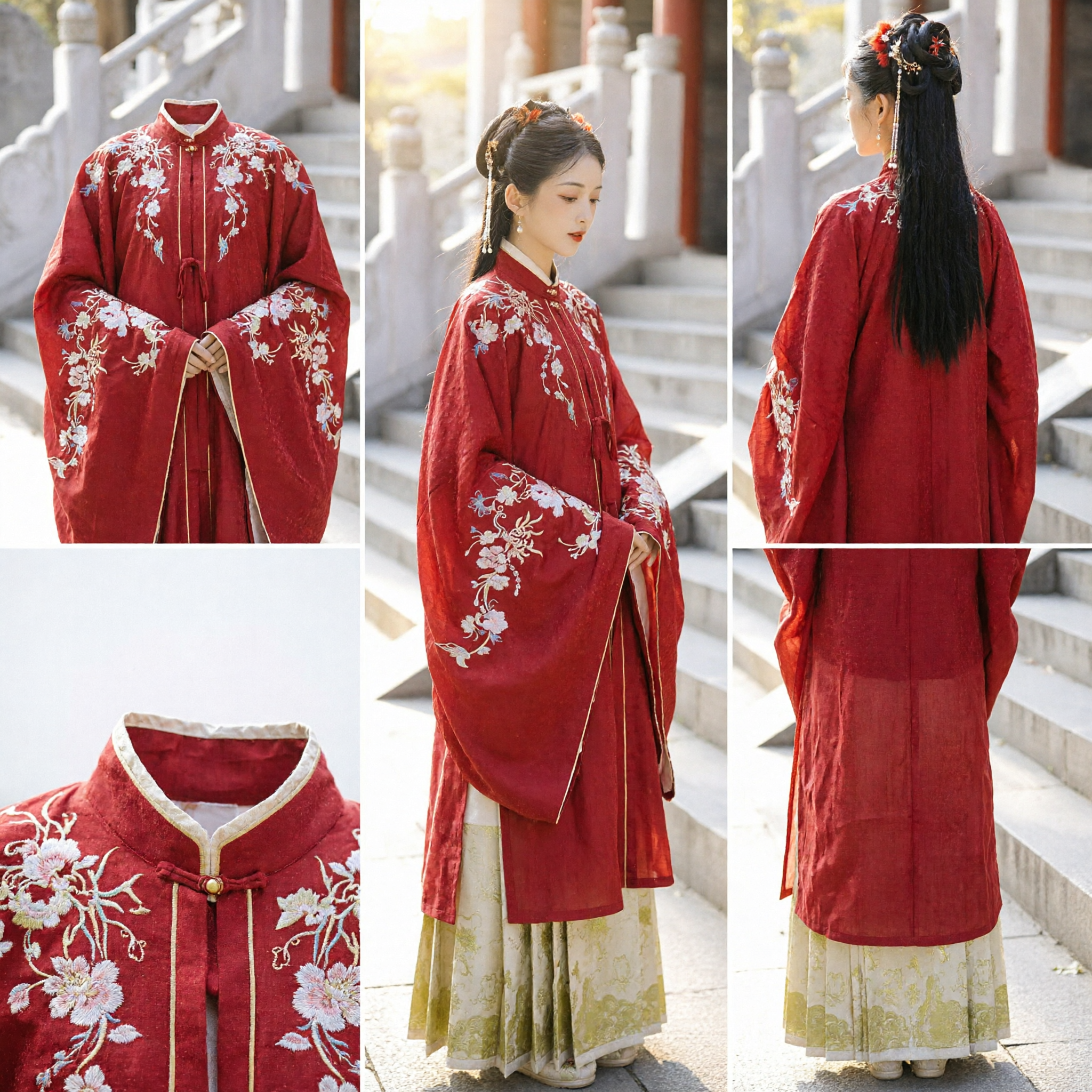 Traditional Chinese Ming Dynasty Hanfu Red Embroidered Jacket and Gold Pleated Skirt Ancient Costume for Women