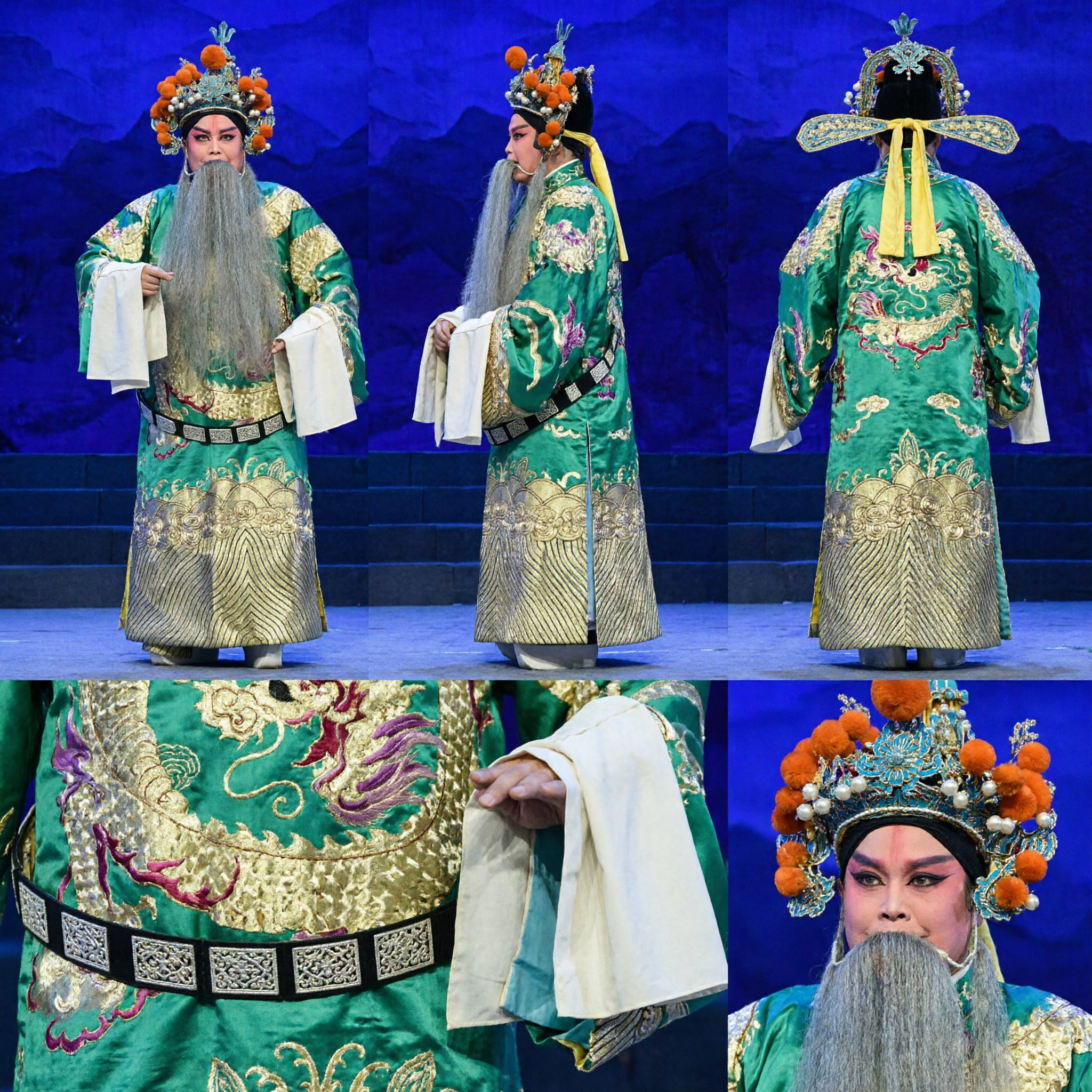 Professional Chinese Peking Opera Costume Green Dragon Robe Complete Set with Headdress and Beard for Men