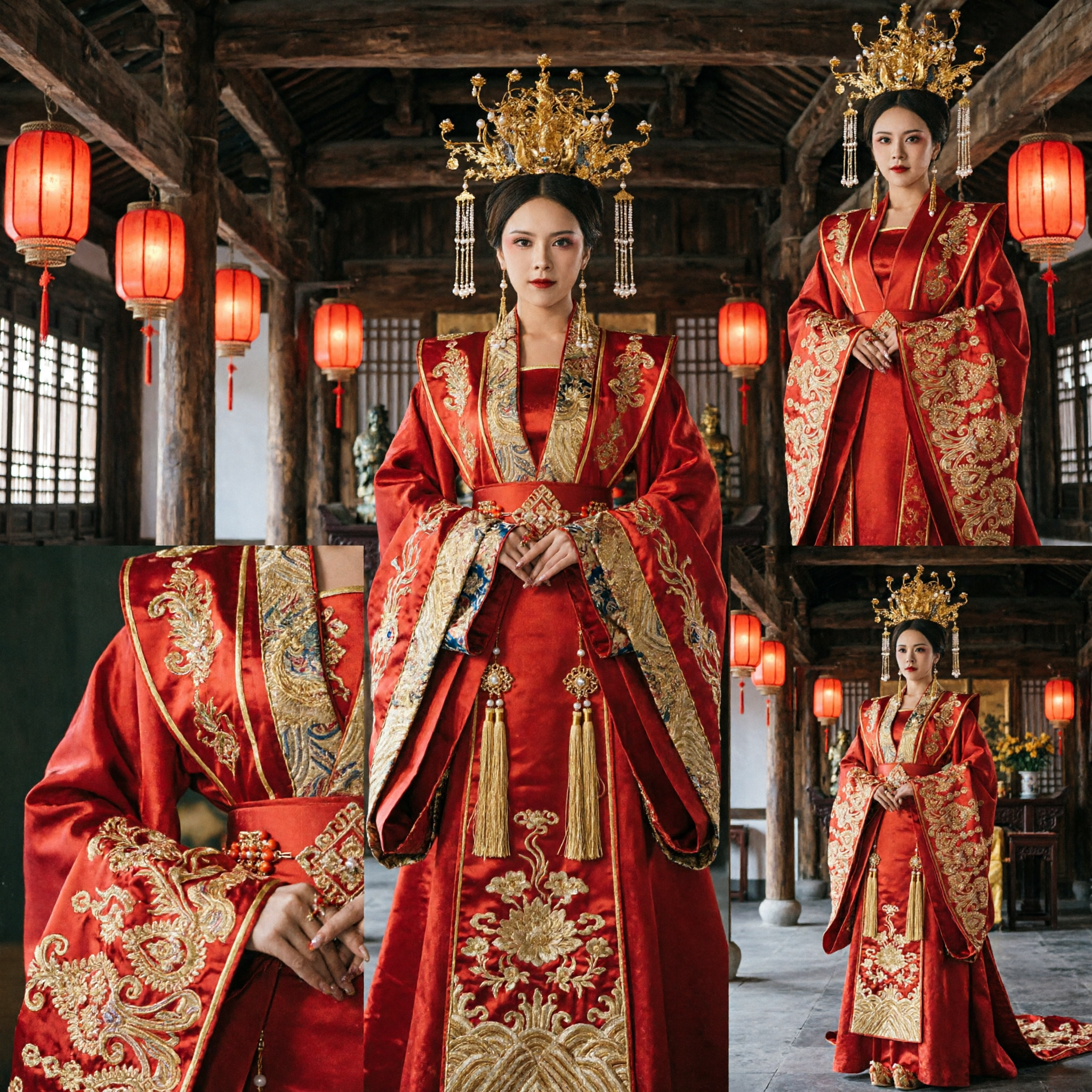 Traditional Chinese Ancient Empress Wedding Dress Red Hanfu Costume with Gold Embroidery for Women