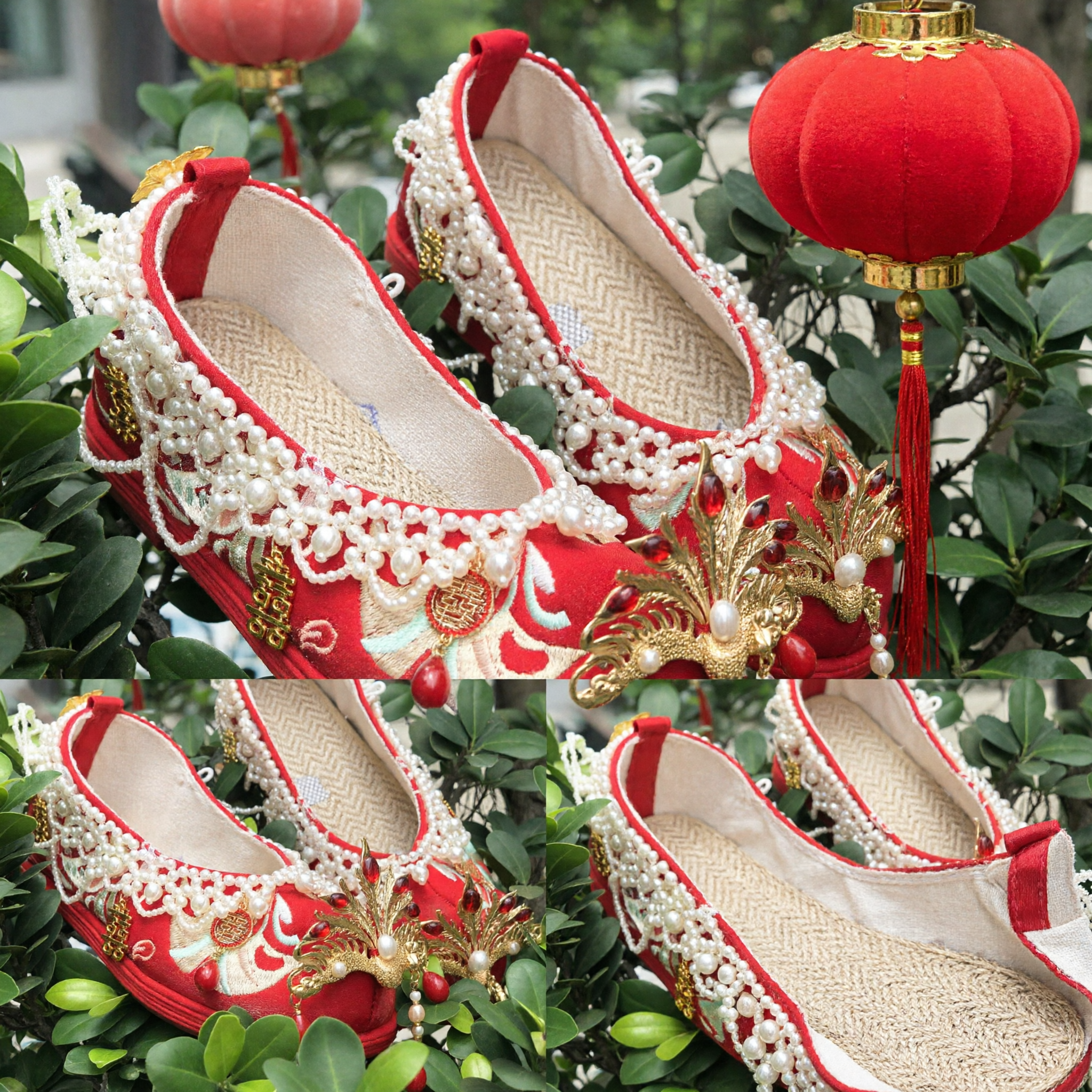 Traditional Chinese Wedding Shoes for Bride Red Hanfu Xiuhe Shoes with Phoenix Pearl Embroidery