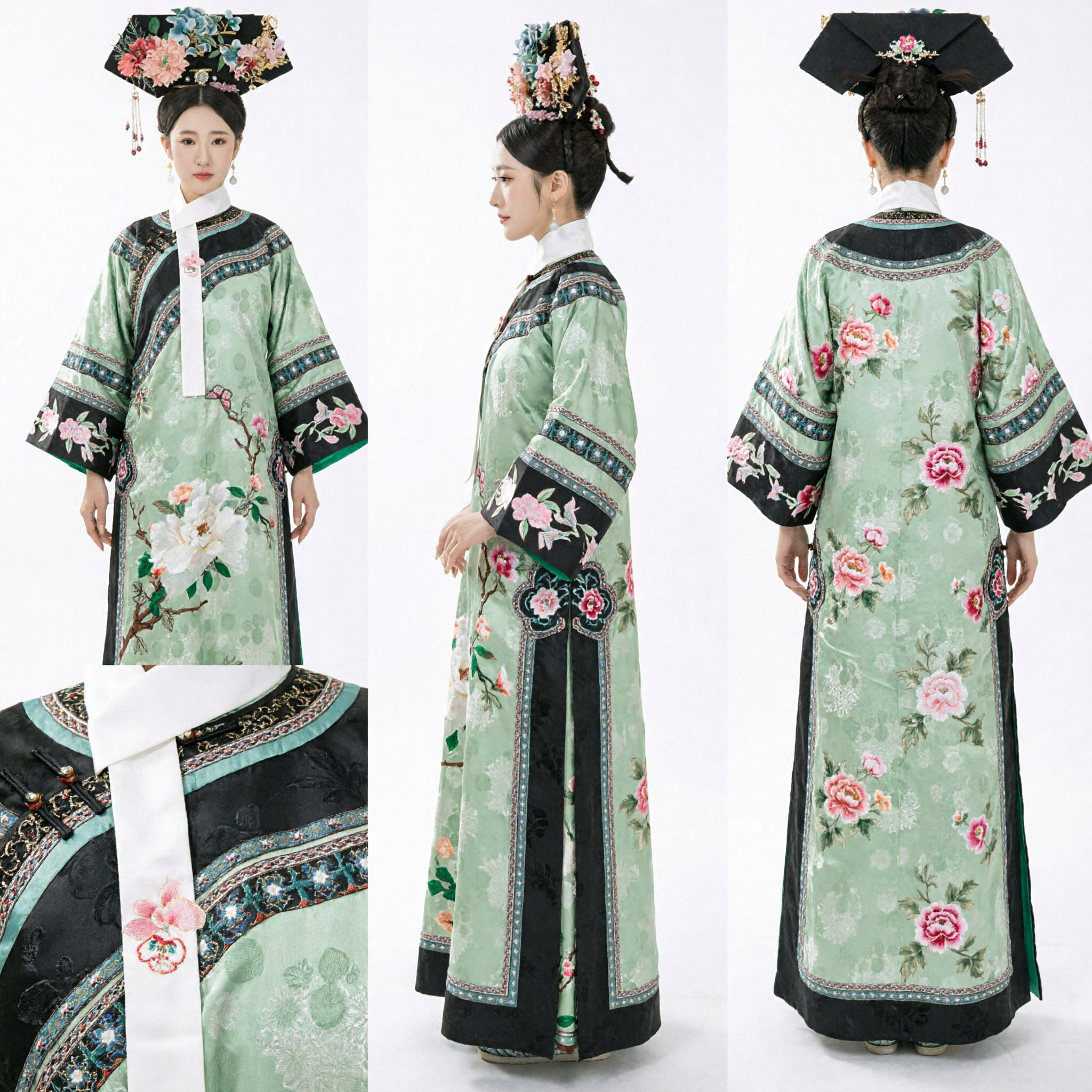 Traditional Chinese Qing Dynasty Manchu Princess Green Floral Embroidery Robe and Headdress Complete Costume Set