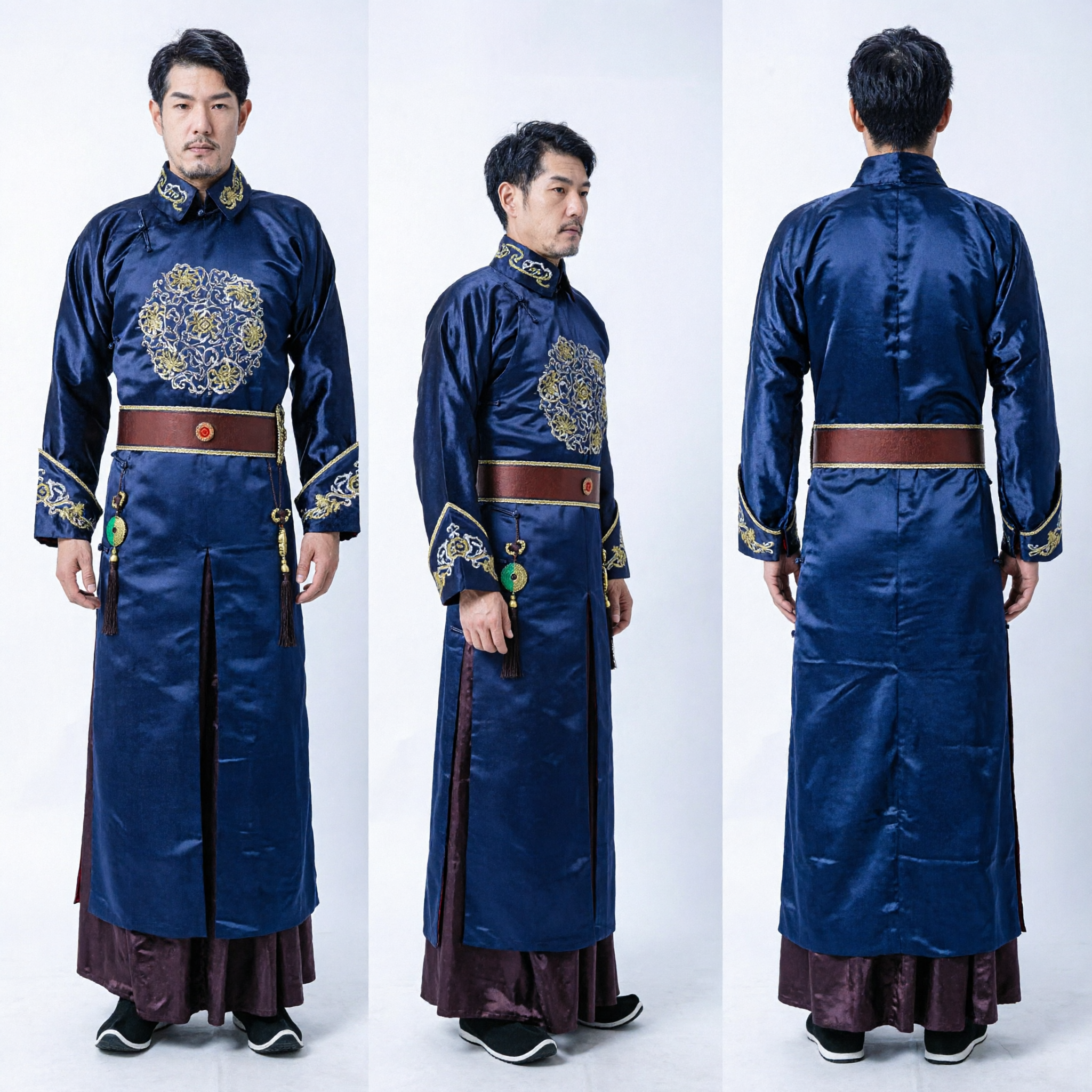 Men's Traditional Chinese Mongolian Navy Blue Robe Ancient Knight Embroidered Costume for Stage Performance and Cosplay