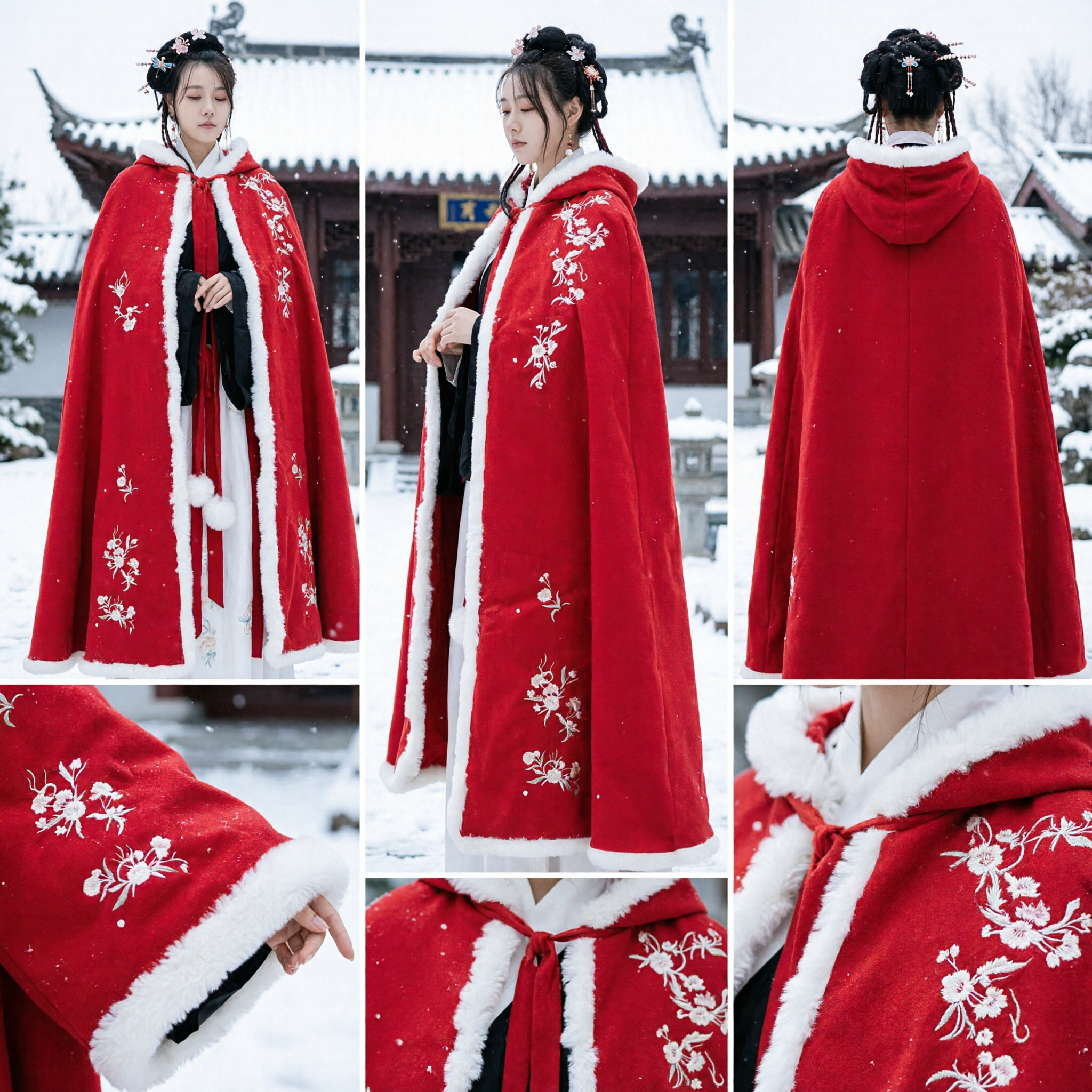 Traditional Chinese Red Cloak Cape with White Fur Trim and Floral Embroidery for Women Winter Hanfu Outerwear
