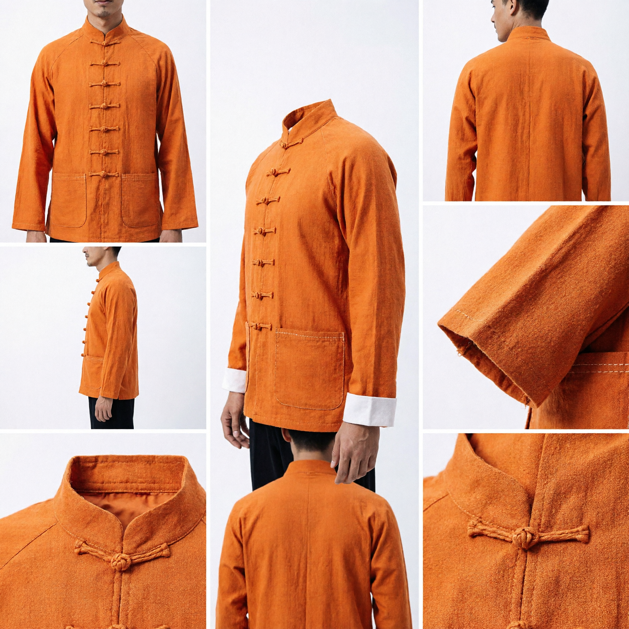 Men's Traditional Chinese Orange Tang Suit Long Sleeve Kung Fu Tai Chi Martial Arts Uniform Jacket