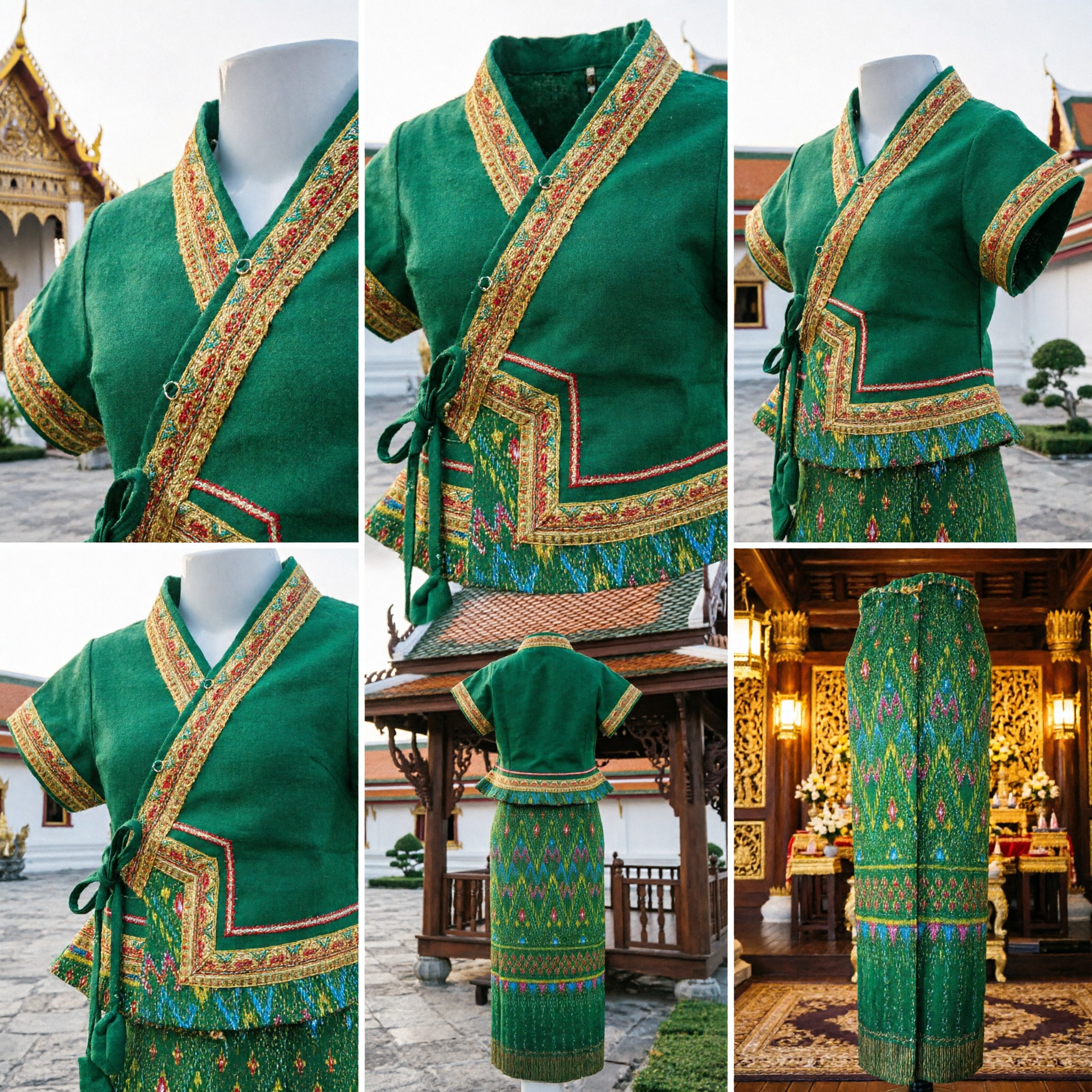 Vibrant Green Traditional Thai Folk Dance Costume for Women with Intricate Woven Patterns and Wrap Top