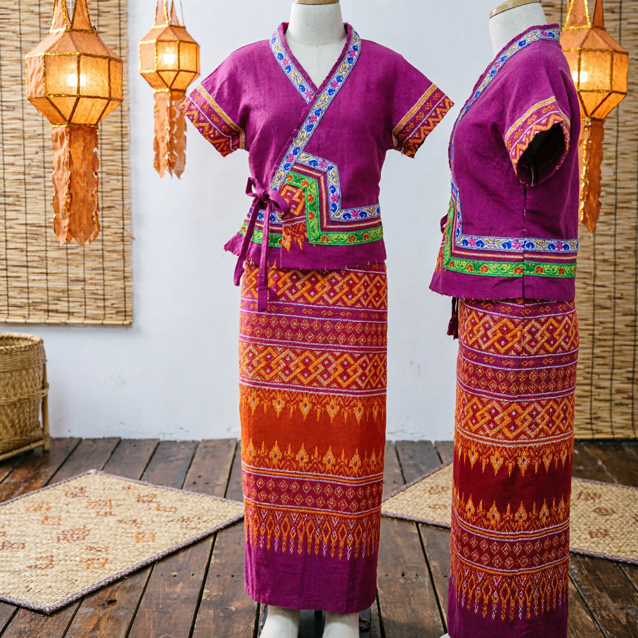 Traditional Chinese Ethnic Costume Women's Pink Wrap Top and Patterned Skirt Set for Folk Dance Performance