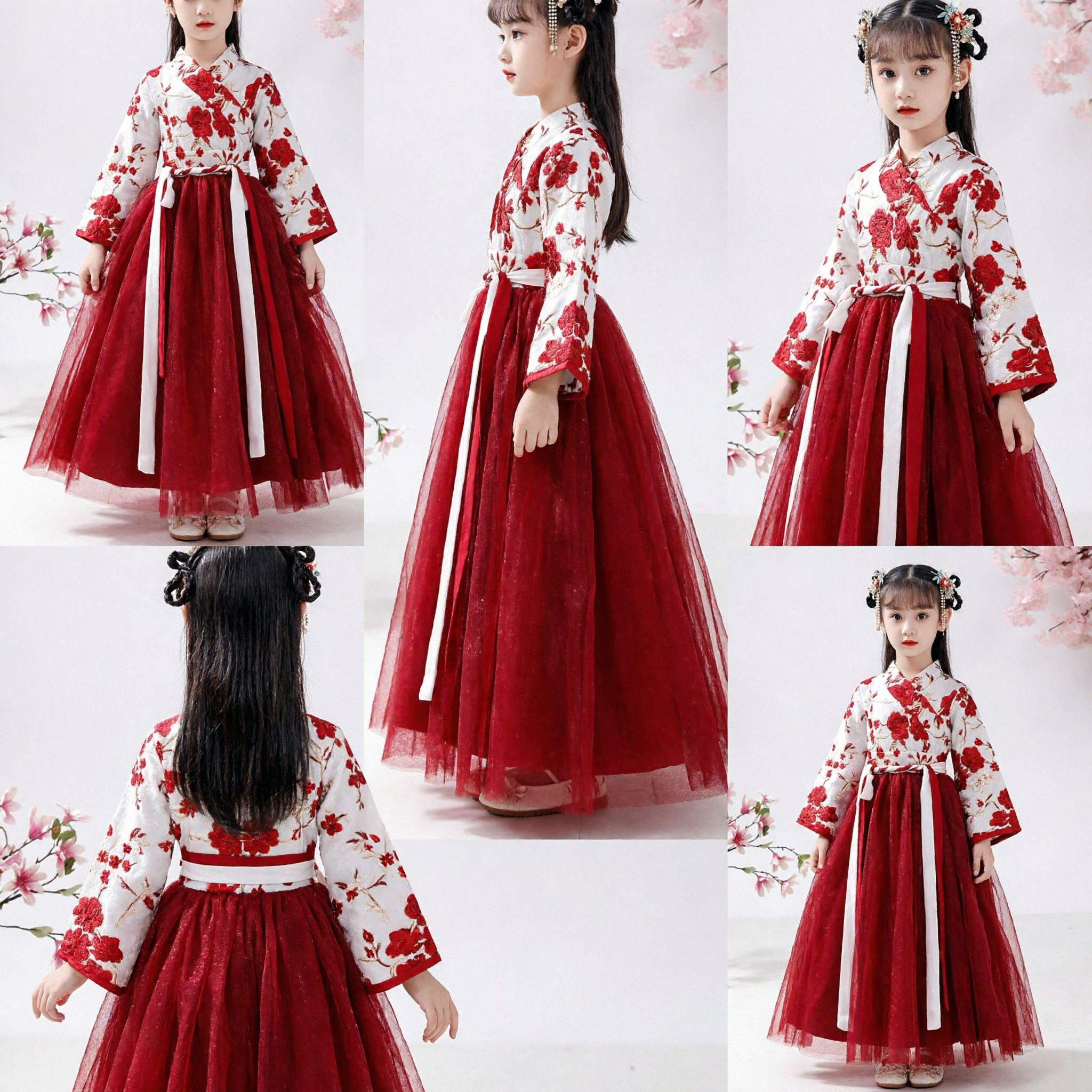 Traditional Chinese Hanfu Dress for Girls Red Floral Ancient Style Princess Costume for Kids Performance